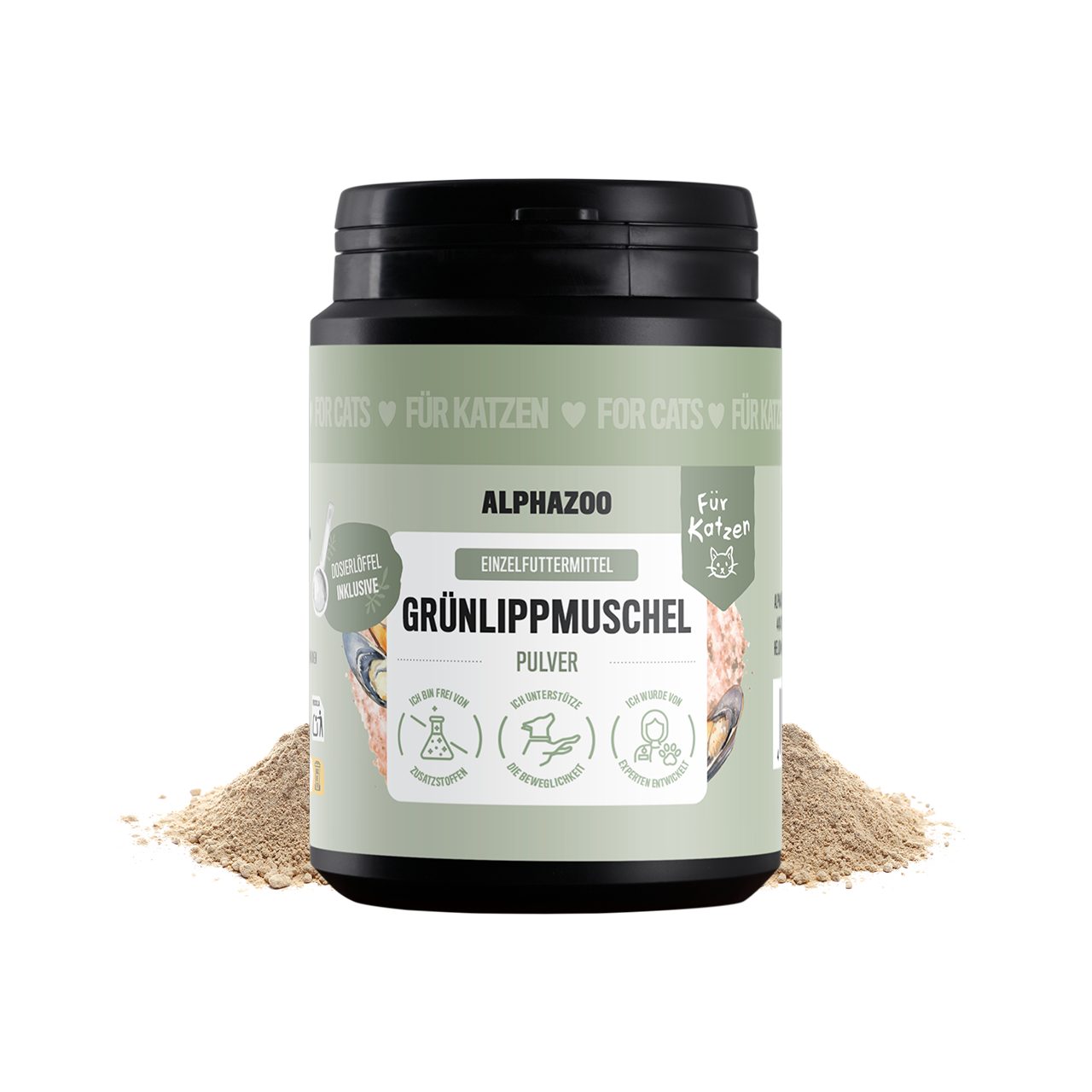 ALPHAZOO Grünlippmuschel-Pulver 100g für Katzen, Grünlippmuschelpulver in echter Vollfettqualität, Ergänzungsfutter für: Katzen, GAG und Omega-3 für Gelenke und Agilität