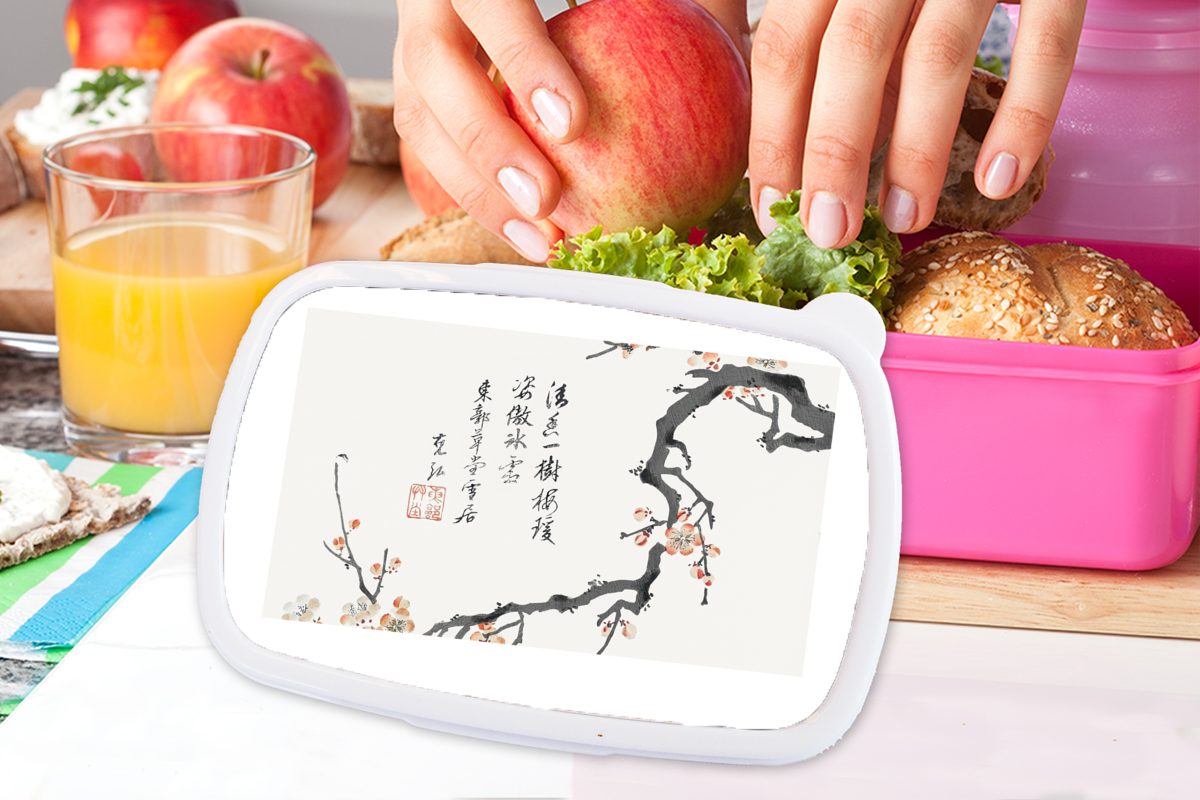 Brotdose - Zweig - Brotbox Erwachsene, Kinder, Blüte rosa Kunststoff Kunststoff, Lunchbox Snackbox, Japan MuchoWow (2-tlg), - für Mädchen, Design,