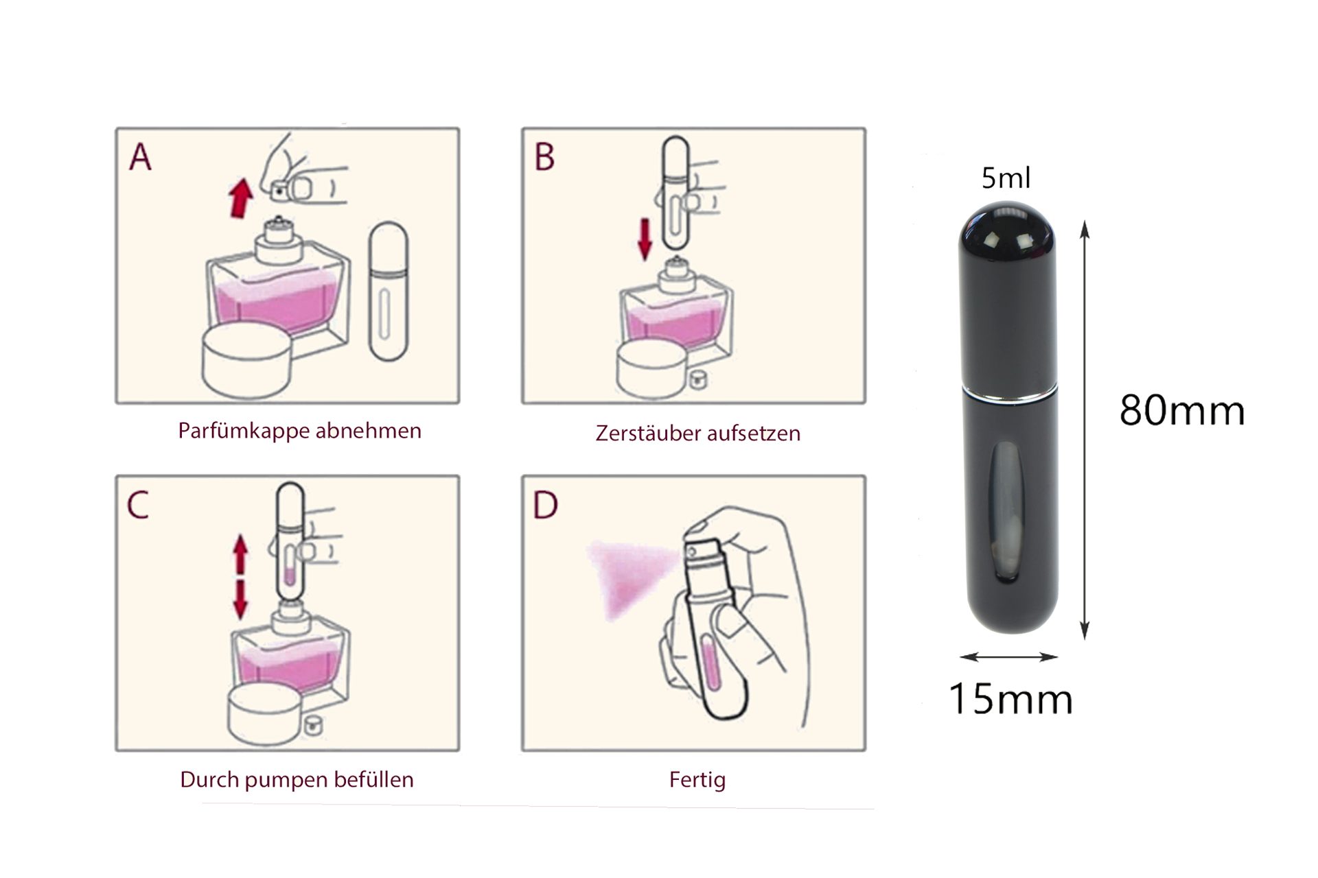 Fantasia Beauty Parfümzerstäuber Taschenzerstäuber, schwarz, für 5 ml, mit Füllautomatik (1 St), für 5 ml Inhalt, Aluminium, Füllautomatik, Sichtfenster