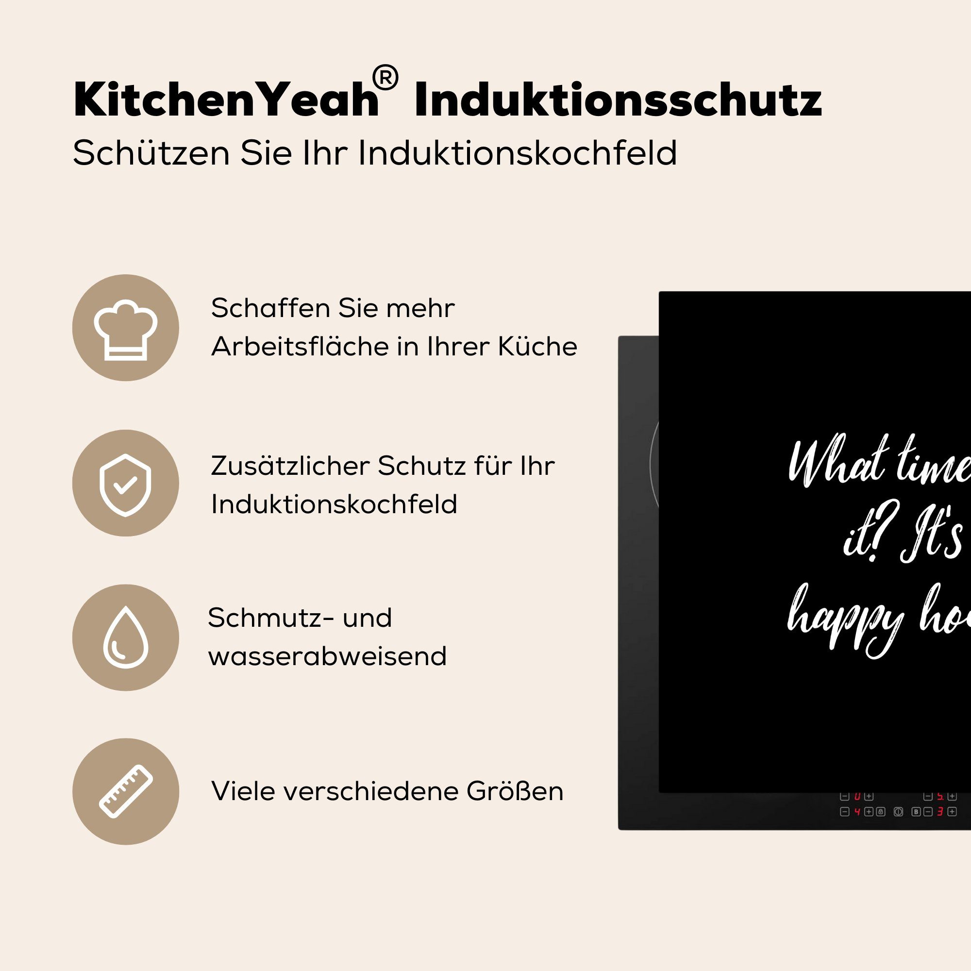 MuchoWow Herdblende-/Abdeckplatte ist 78x78 küche cm, Ceranfeldabdeckung, Wie Vinyl, Hour spät Zitate - - es? Arbeitsplatte Es ist für tlg), - Happy (1 Sprichwörter Küche 