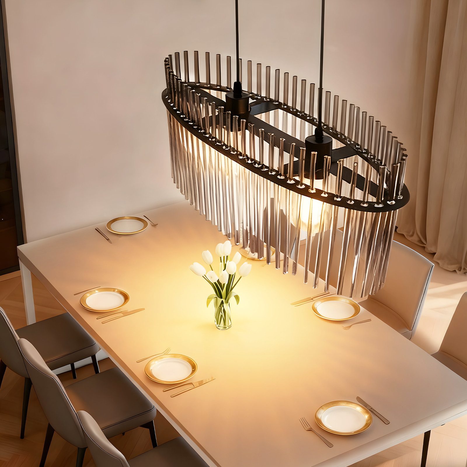 Nettlife Pendelleuchte Glas modern Schwarz/Gold 2 Flammig Hängelampe kristall Schirm 60cm E27, ohne Leuchtmittel, für esstisch esszimmer Wohnzimmer Küche – Bild 4 von 5