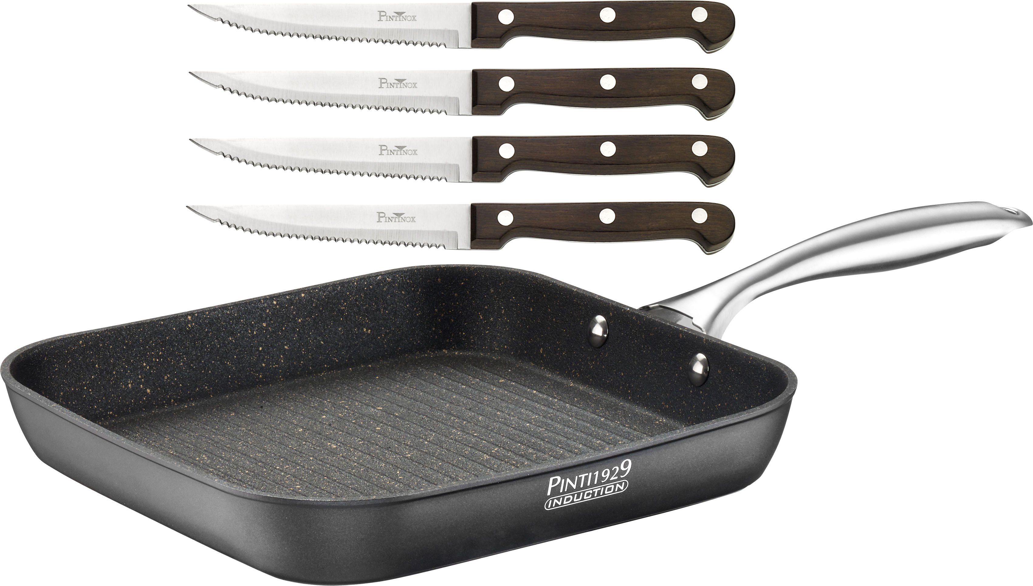 PINTINOX Grillpfanne ST1, Aluminium (Set, 5-tlg), Induktionsgeeignet, inkl. 4 Steakmessern
