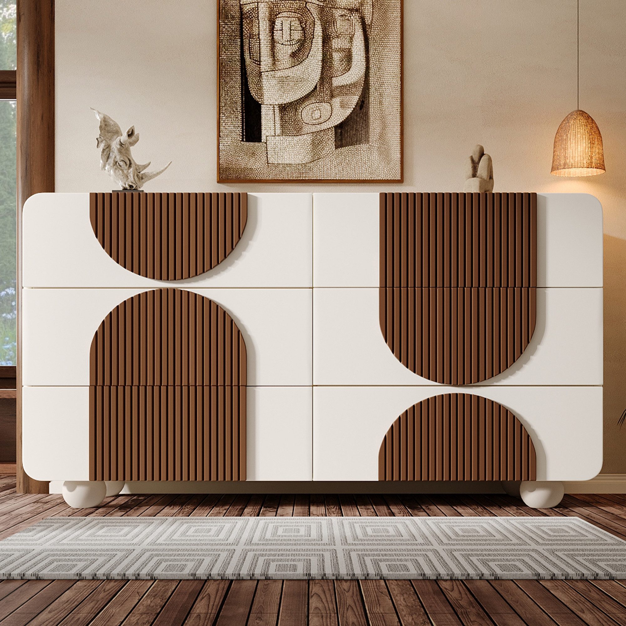 Flieks Kommode mit 6 Schubladen & geschwungenem Design (121x71x41 cm, 1 St., Beine aus Massivholz), Sideboard mit schokoladenfarbenen Holzleisten Mehrzweckschrank Weiß