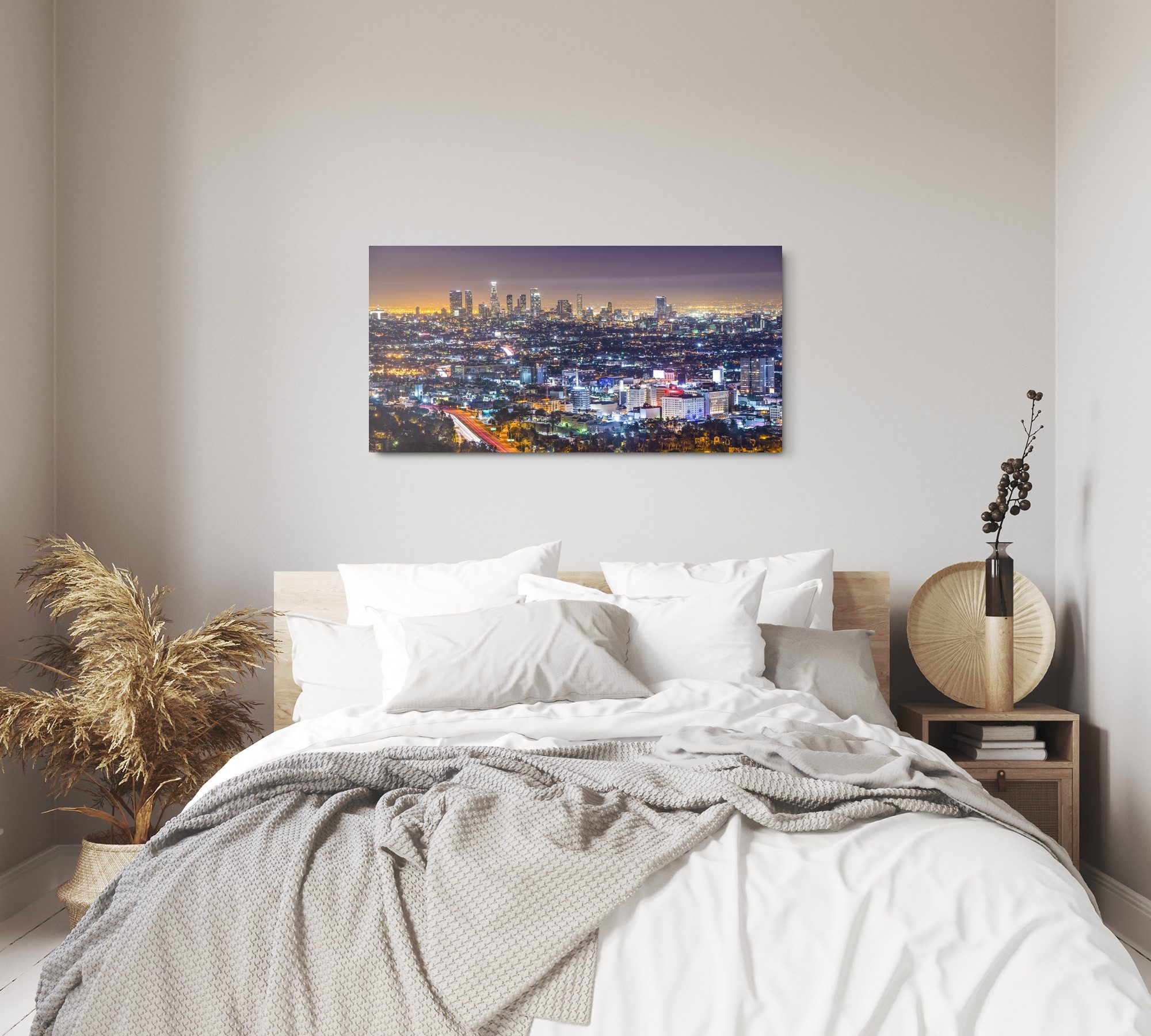 Sinus Art Leinwandbild Kunstdruck Bilder 120x60cm USA Los Angeles bei Nacht Stadt Skyline, (1 St)