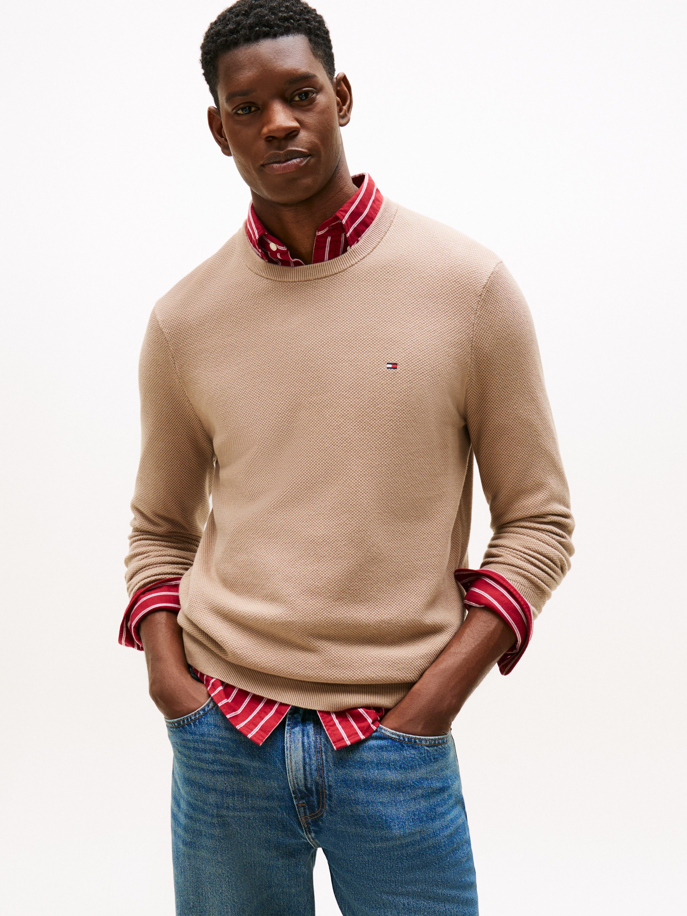 Tommy Hilfiger Rundhalspullover ESSENTIAL STRUCTURE CREW NECK mit Struktur und Label unifarben, casual, regular fit, Baumwolle, Rundhals