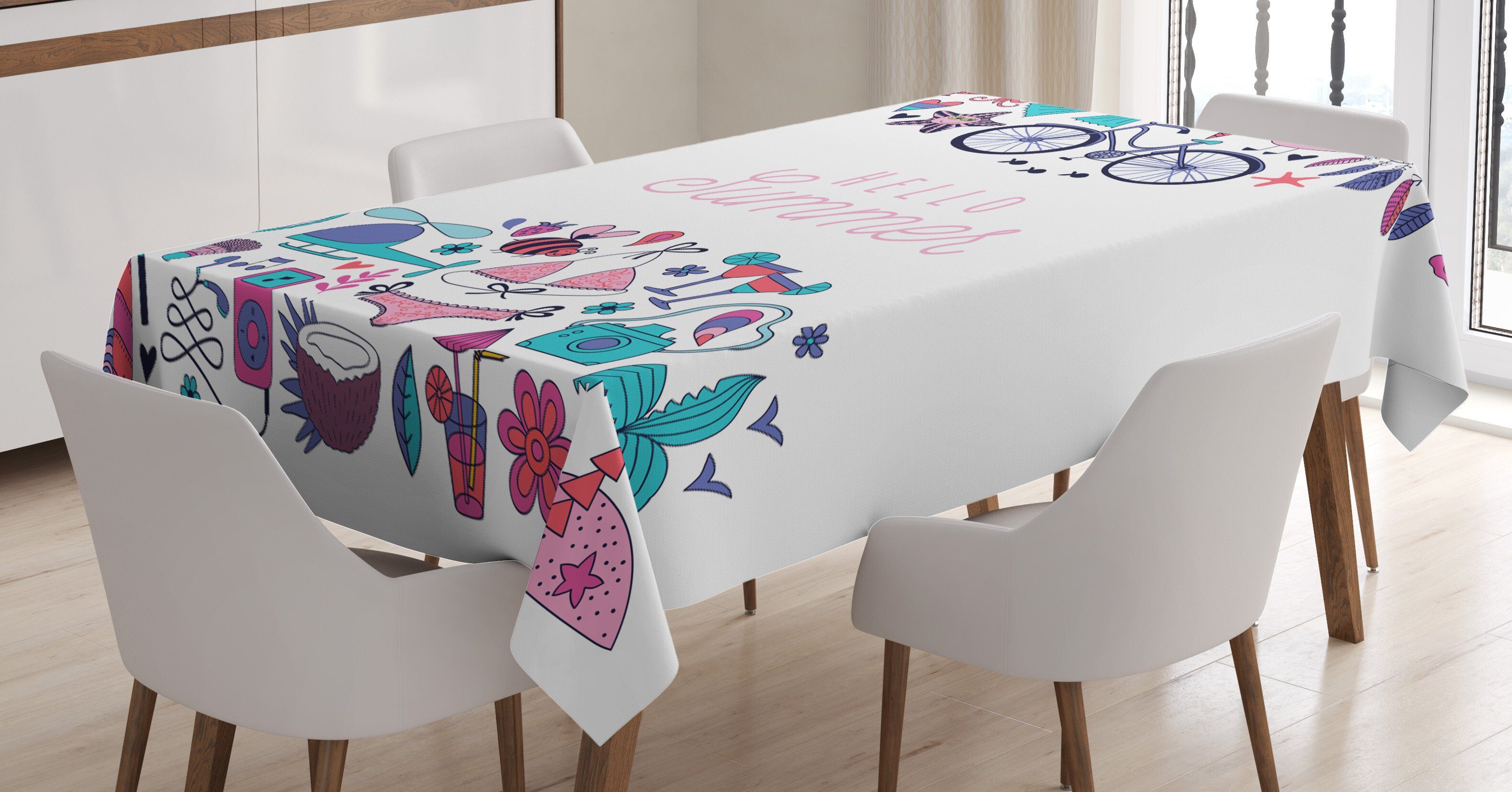 Abakuhaus Tischdecke Farbfest Waschbar Für den Außen Bereich geeignet Klare Farben, Hallo Sommer Strandartikel Doodle | Tischdecken