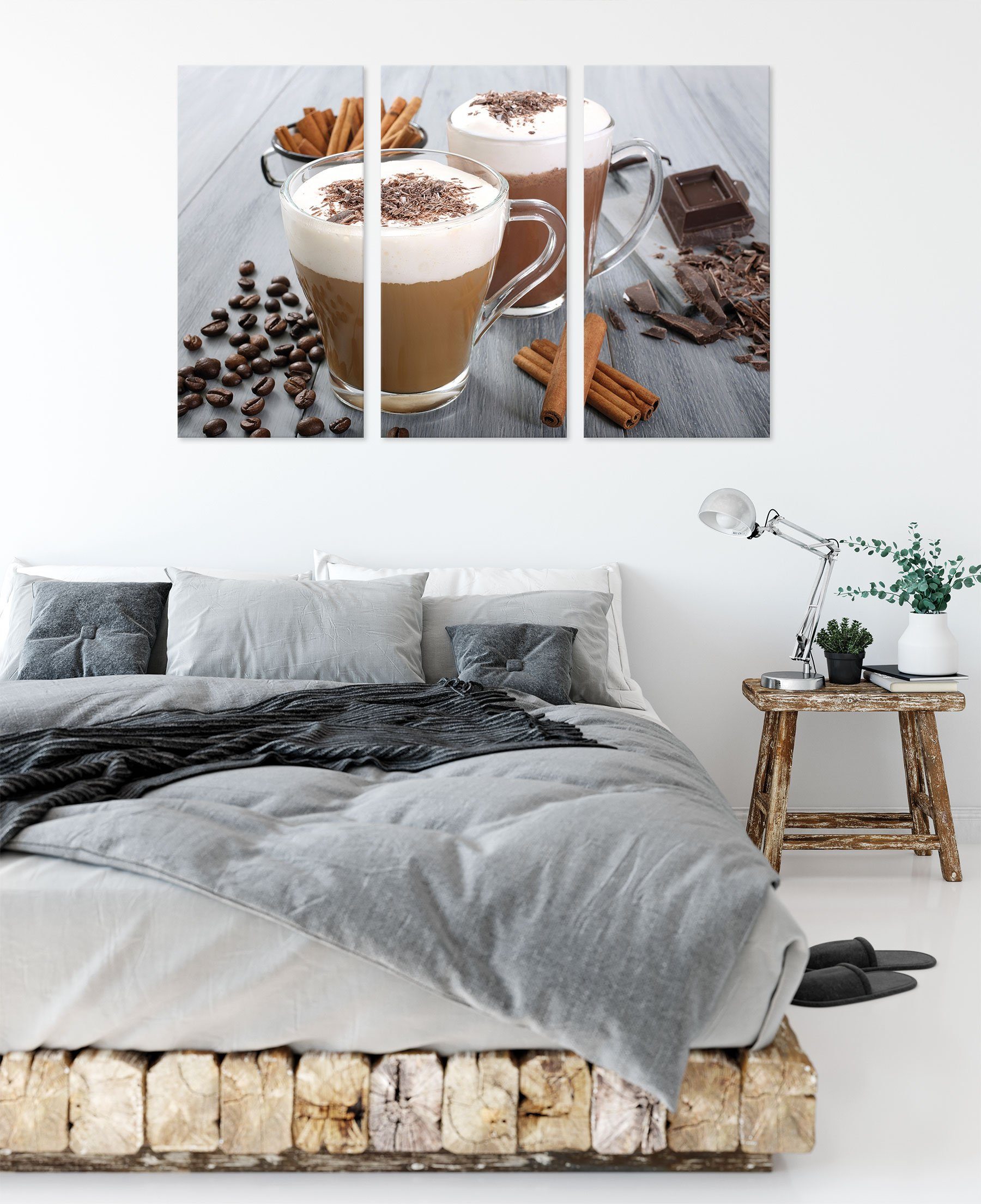 Kaffee Pixxprint inkl. Zackenaufhänger (120x80cm) fertig und Schokolade Schokolade Leinwandbild 3Teiler Leinwandbild Kaffee, St), und bespannt, (1