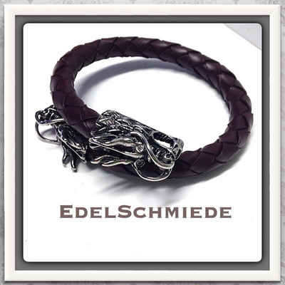 Edelschmiede925 Armreif mit 2 Drachenköpfen und braunem Leder (k. A)