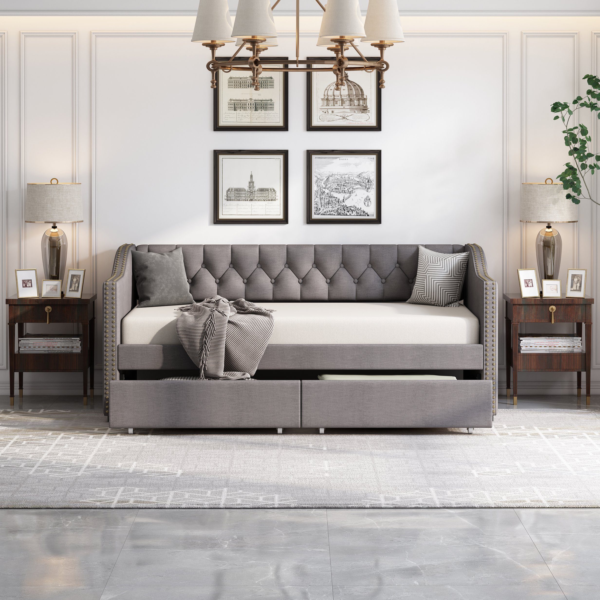 Daybett (Polsterbett mit Schubladen und Lattenrost), Kinderbett 90x200 cm Schlafsofa Gästebett Einzelbett, Leinen