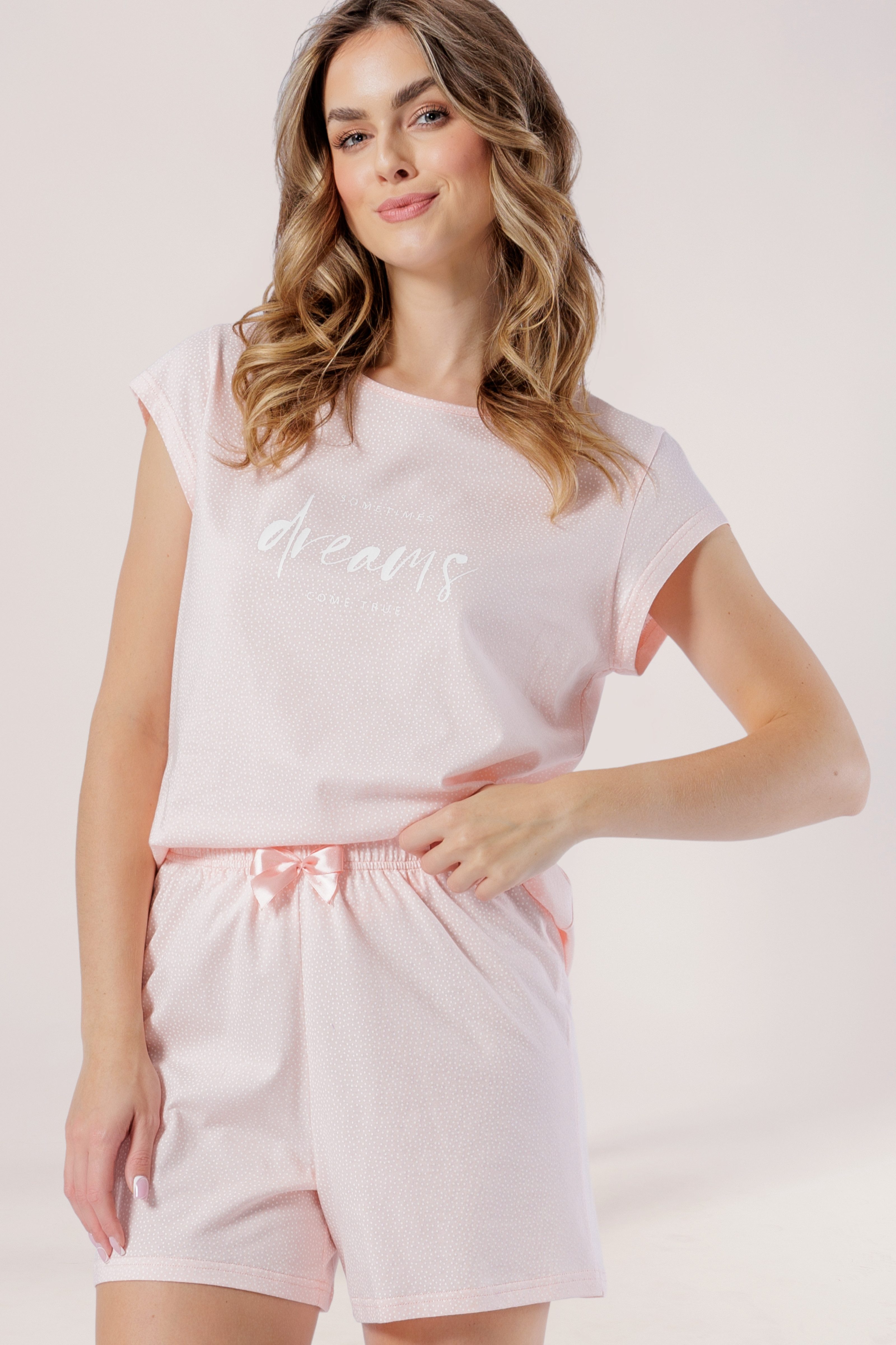 COOLISMO NIGHTWEAR Shorty Sommer-Pyjama Damen kurz (2 tlg) weicher Baumwoll-Shorty in Apricot mit Print-Shirt & femininer Shorts