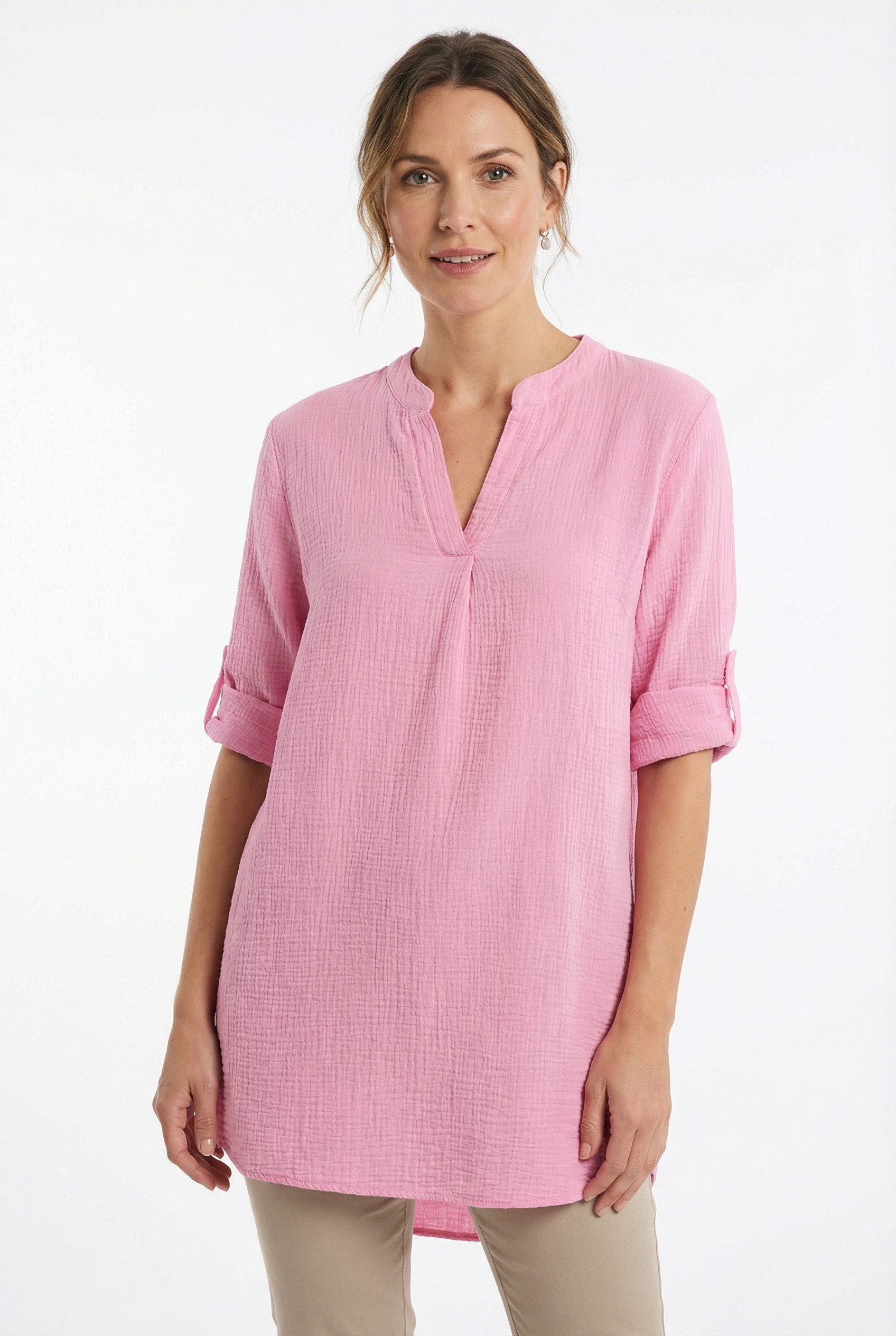 Zwillingsherz Schlupfbluse "Rom" verlängerte Rückenpartie, V-Neck, Turn-Up Ärmel, Musselin