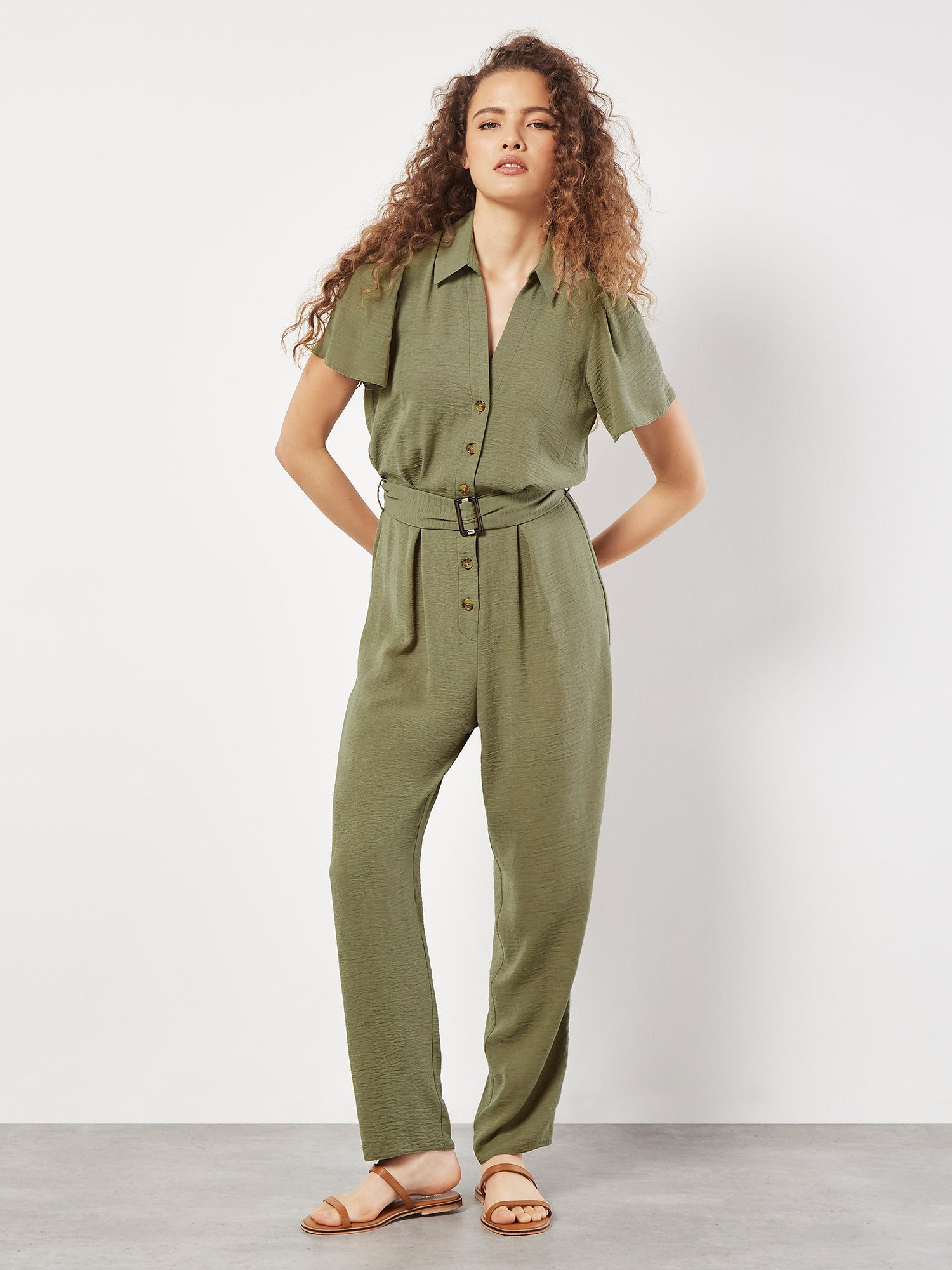 Apricot Jumpsuit Gathered Sleeve Button Down günstig online kaufen
