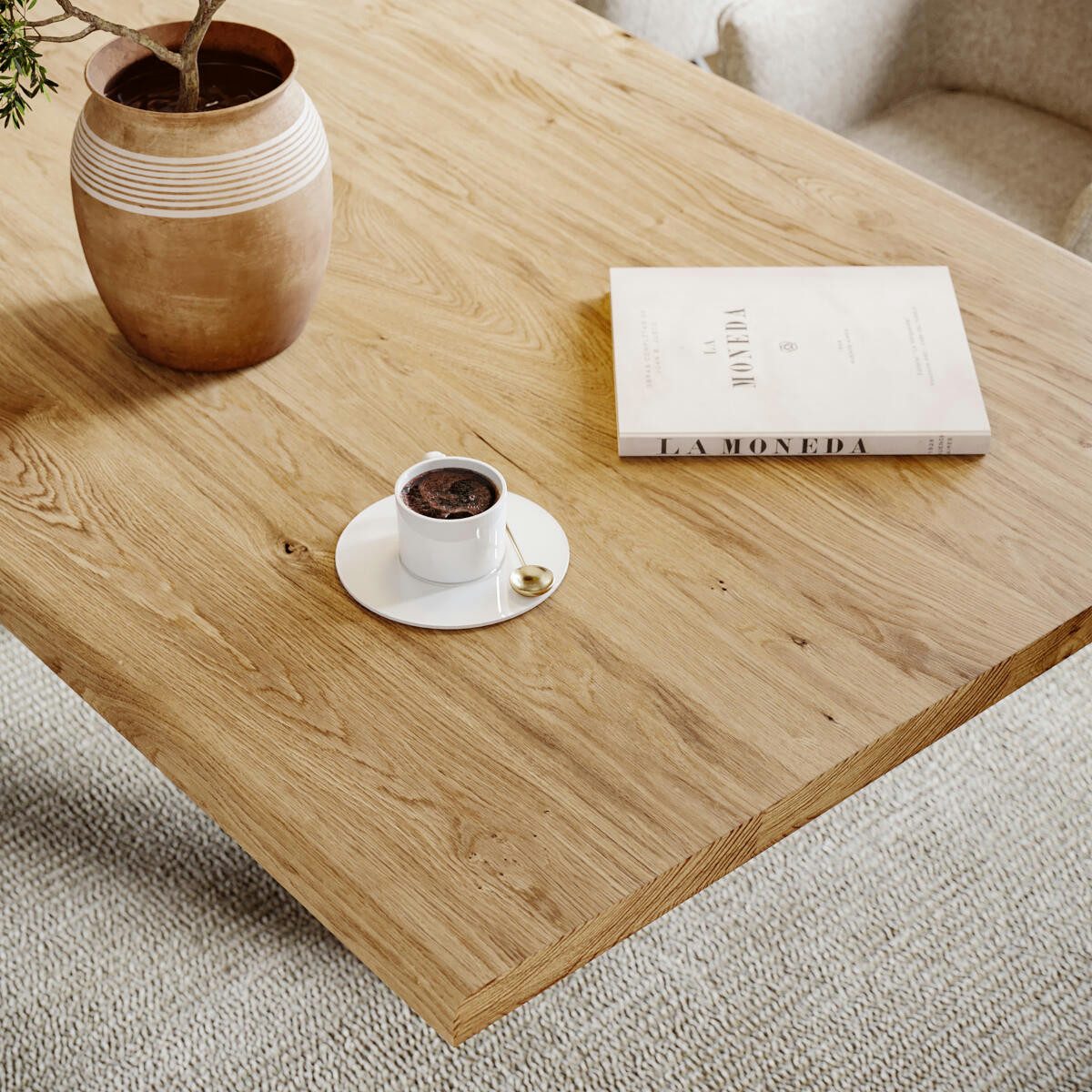 Rellgo Esstisch Otis, handgefertigter massiver Küchentisch aus 4cm Eiche, handgefertigt, stilvoller Holztisch, 220x100, inkl Gestell