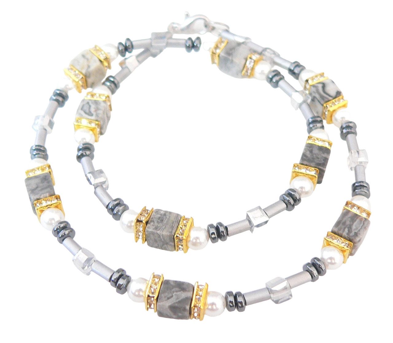 traumschmuck Collier 680. Collier Edelstein Labradorit Würfel grau Muschelperle Strass (Geschenk, Muttertag, Weihnachten, Geburtstag, Valentinstag, 1-tlg., inkl. Schmuckbox), Made in Germany