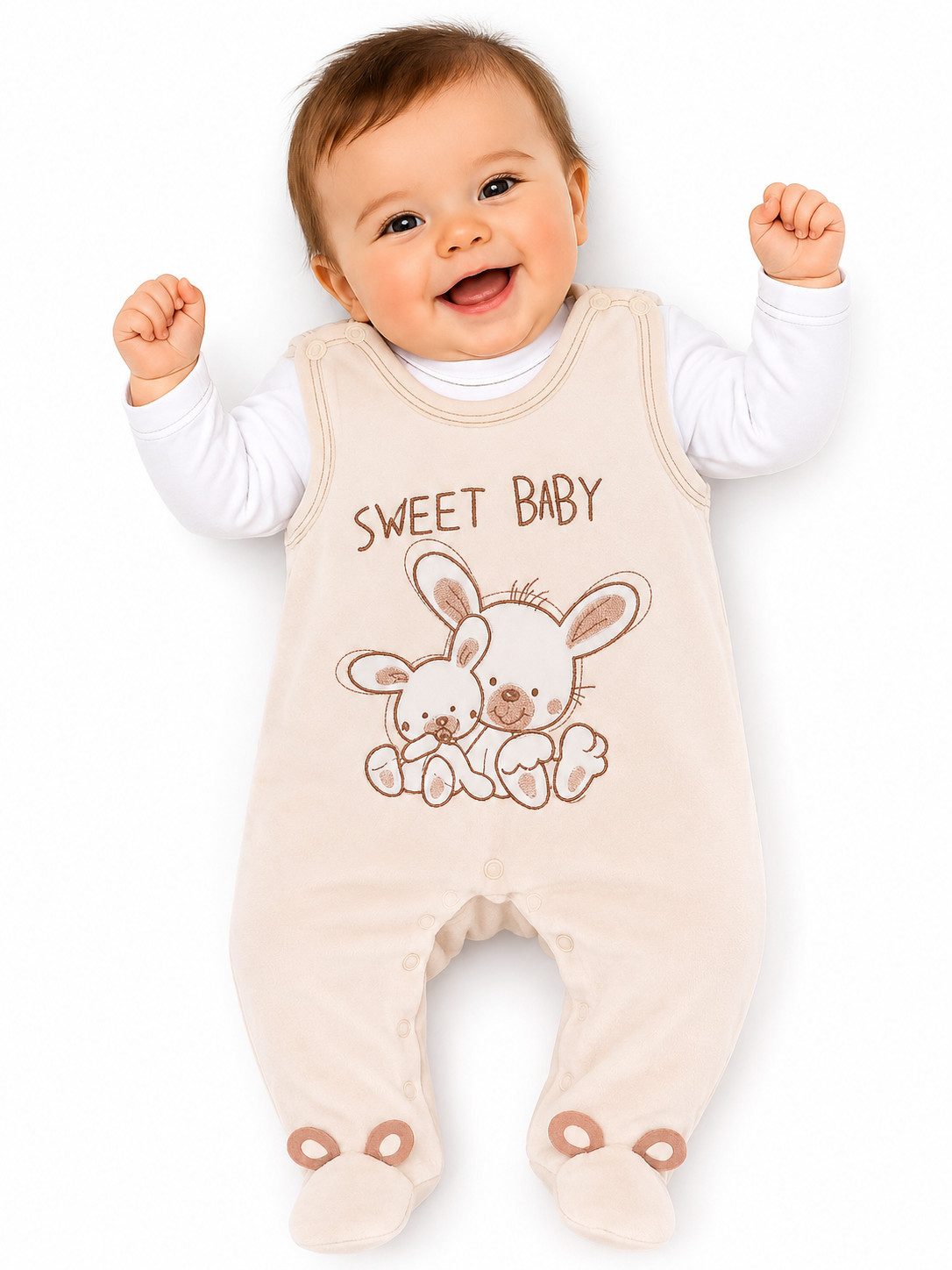 Strampler Stramplerhose Shirt Baby Anzug in Creme mit Hasen