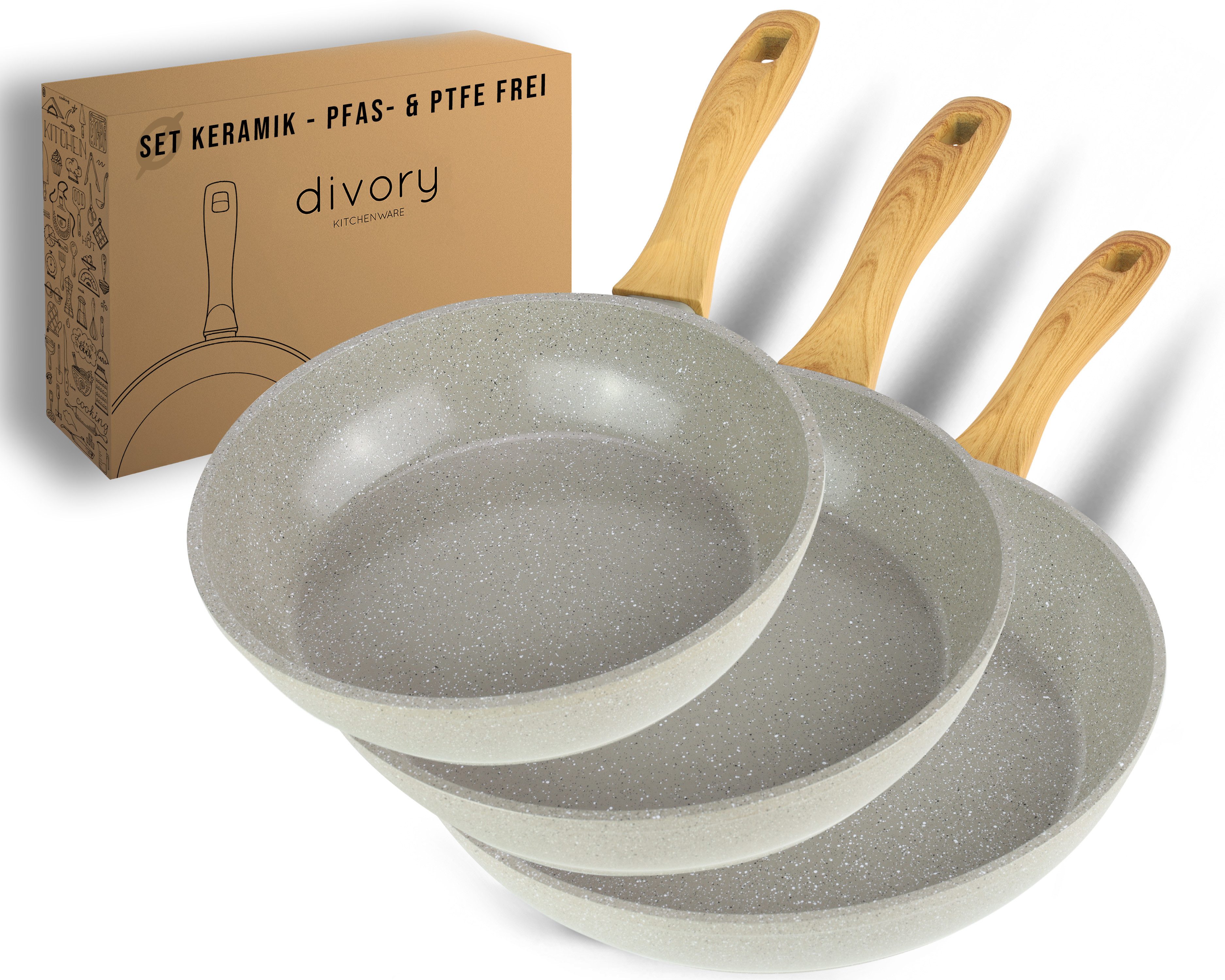 divory Pfannen-Set Keramikpfanne, Antihaftbeschichtung, Induktion, alle Herdarten (3-tlg), Aluminium, Induktion