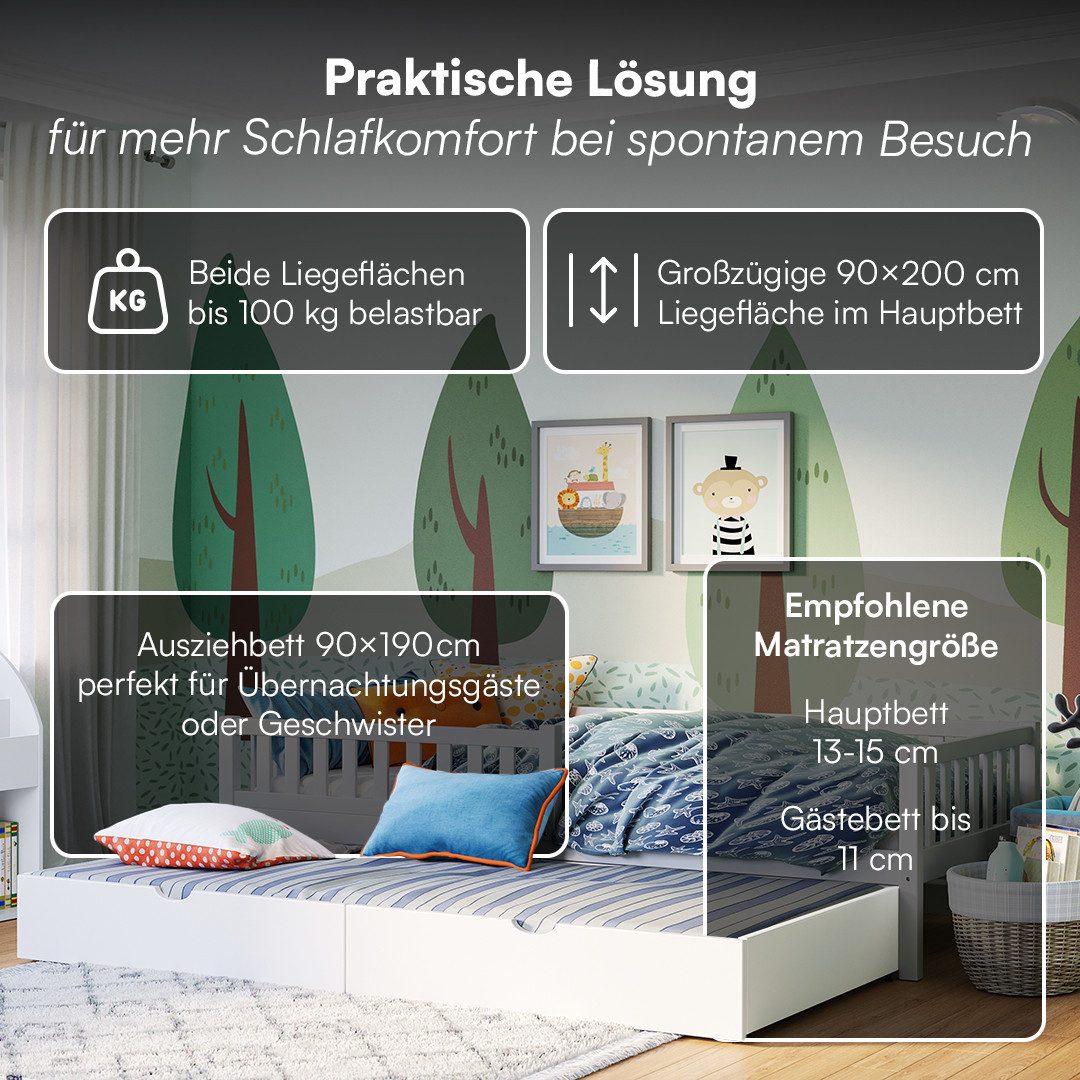 Bellabino Kinderbett Vils 90x200 cm mit Rausfallschutz, Lattenrost, Kiefer Massivholz (weiß, inkl. Gästebett 90x190, optional mit Matratze) – Bild 4 von 5