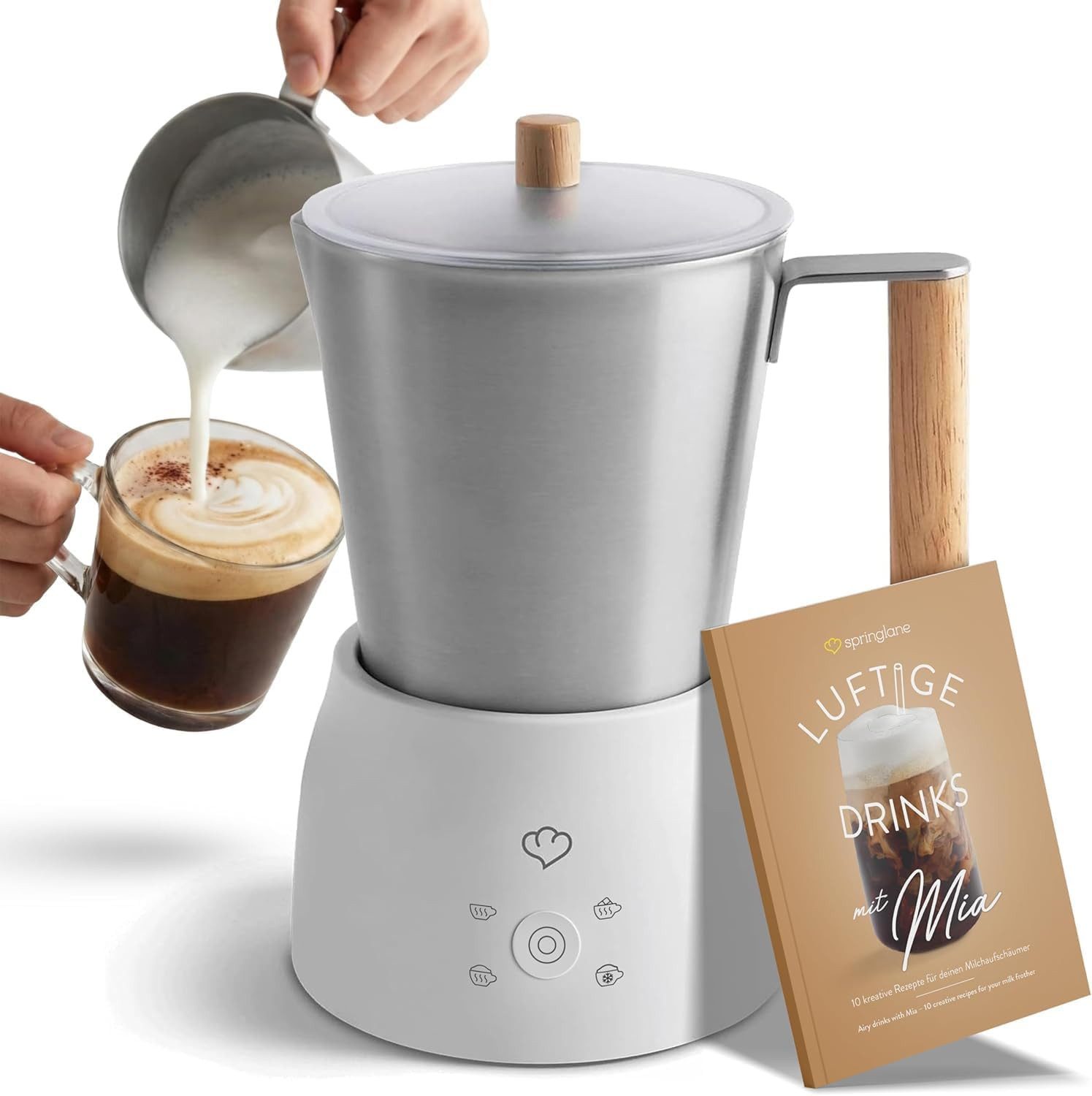 Springlane Milchaufschäumer Mia - Elektrischer Milchaufschäumer - 250ml, 4 Programme, 600,00 W, Edelstahl - Heißer & Kalter Milchschaum, Spülmaschinenfest