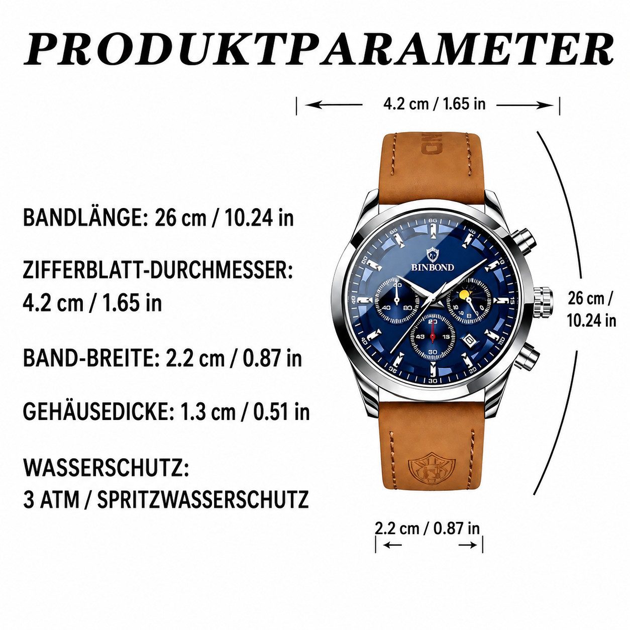 Toomoke Quarzuhr für Herren, Armbanduhr mit Lederband und Datumsanzeige, (Businessuhr mit blauem Zifferblatt, Analoguhr für Alltag und Freizeit), Blaues Zifferb – Bild 4 von 5