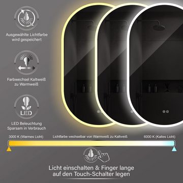 HOKO Badspiegel LED Design Antibeschlag Wandspiegel Oval + LED Wechsel (Warmweiß - Kaltweiß - Neutral. Licht mit Touch Schalter und mit Wandschalter einschaltbar. Memory-Funktion.IP44, 4mm HD Glass)