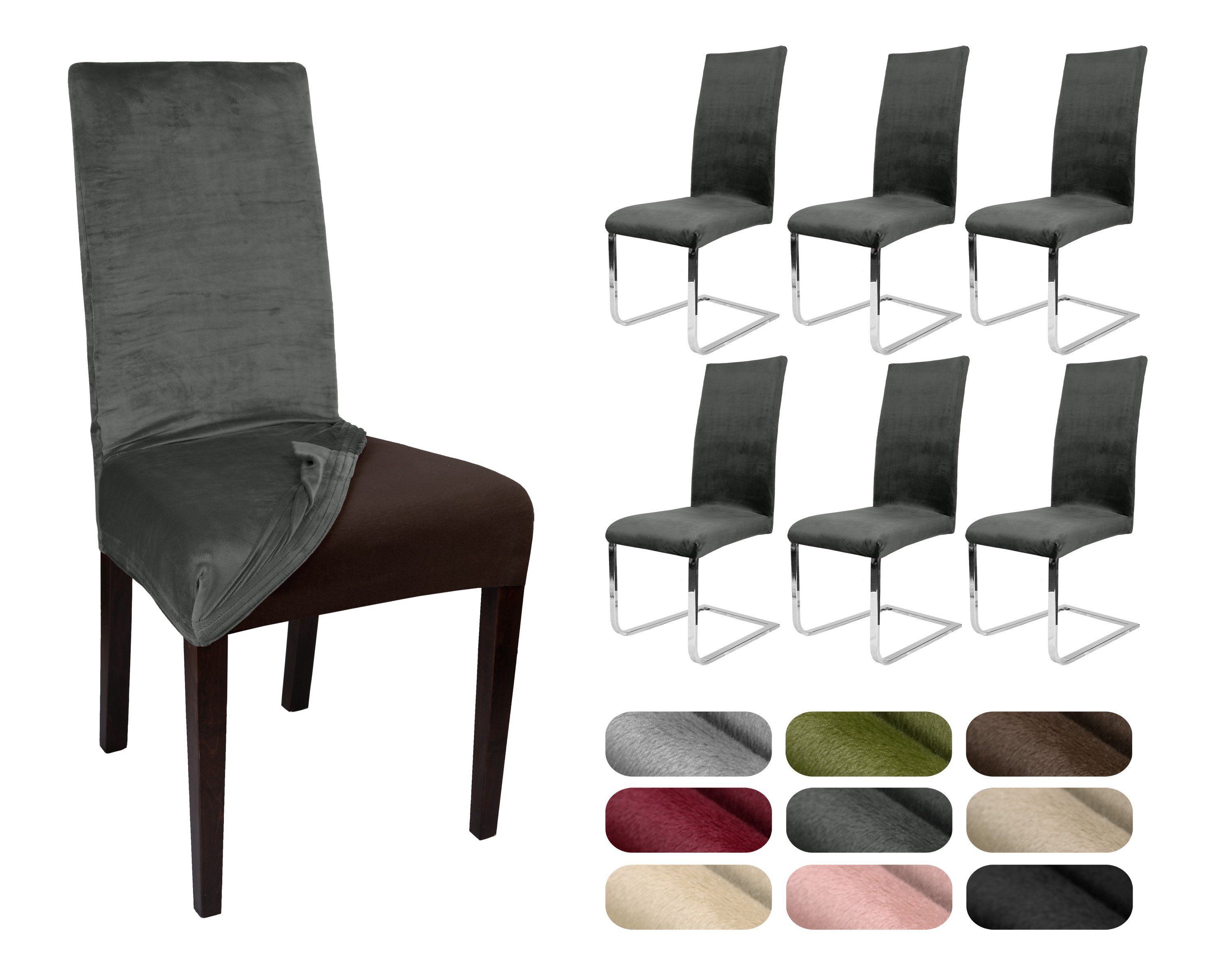 Beautex Stuhlhusse 6er Set LEA Stuhlhusse, elastische Uni Stretch-Husse Samt Mikrofaser