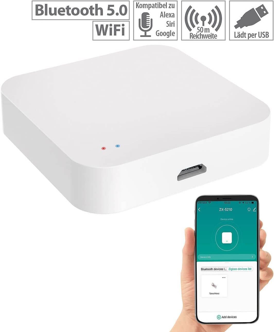 WiFi Smart WLAN-Steuerungsmodul Home App WLAN Gateway kompatibler z.B. Home-Control Zentrale RC-350.duo elektrische ZigBee Geräte, Türschließzylinder Heizkörper-Thermostate Luminea für Mesh, oder zum Steuern