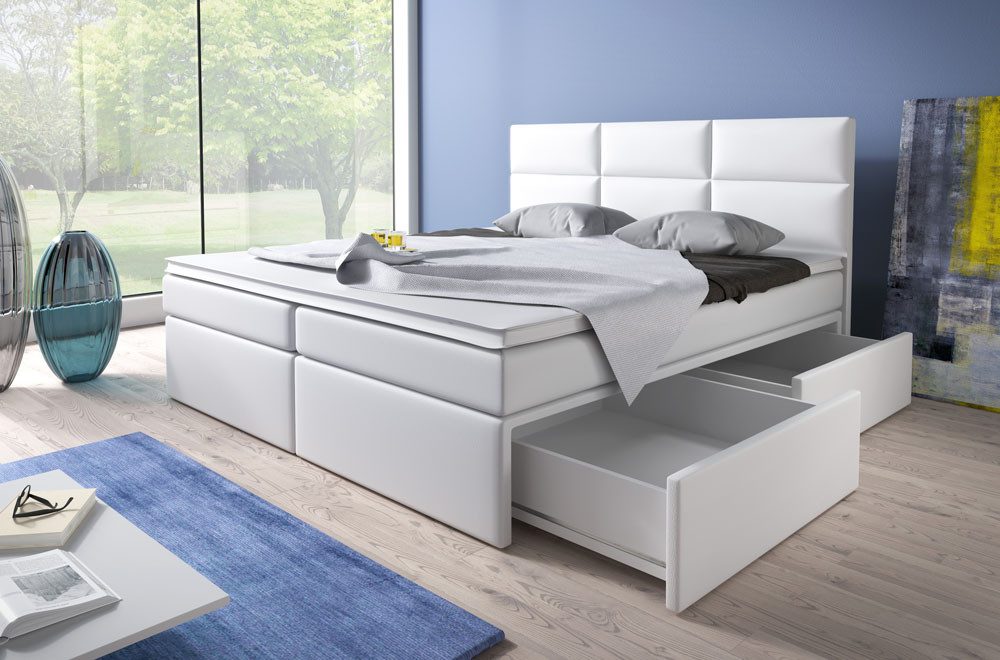 JVmoebel Boxspringbett Weißes Polsterbett aus Kunstleder mit Stauraum und modernem Design (1-St)