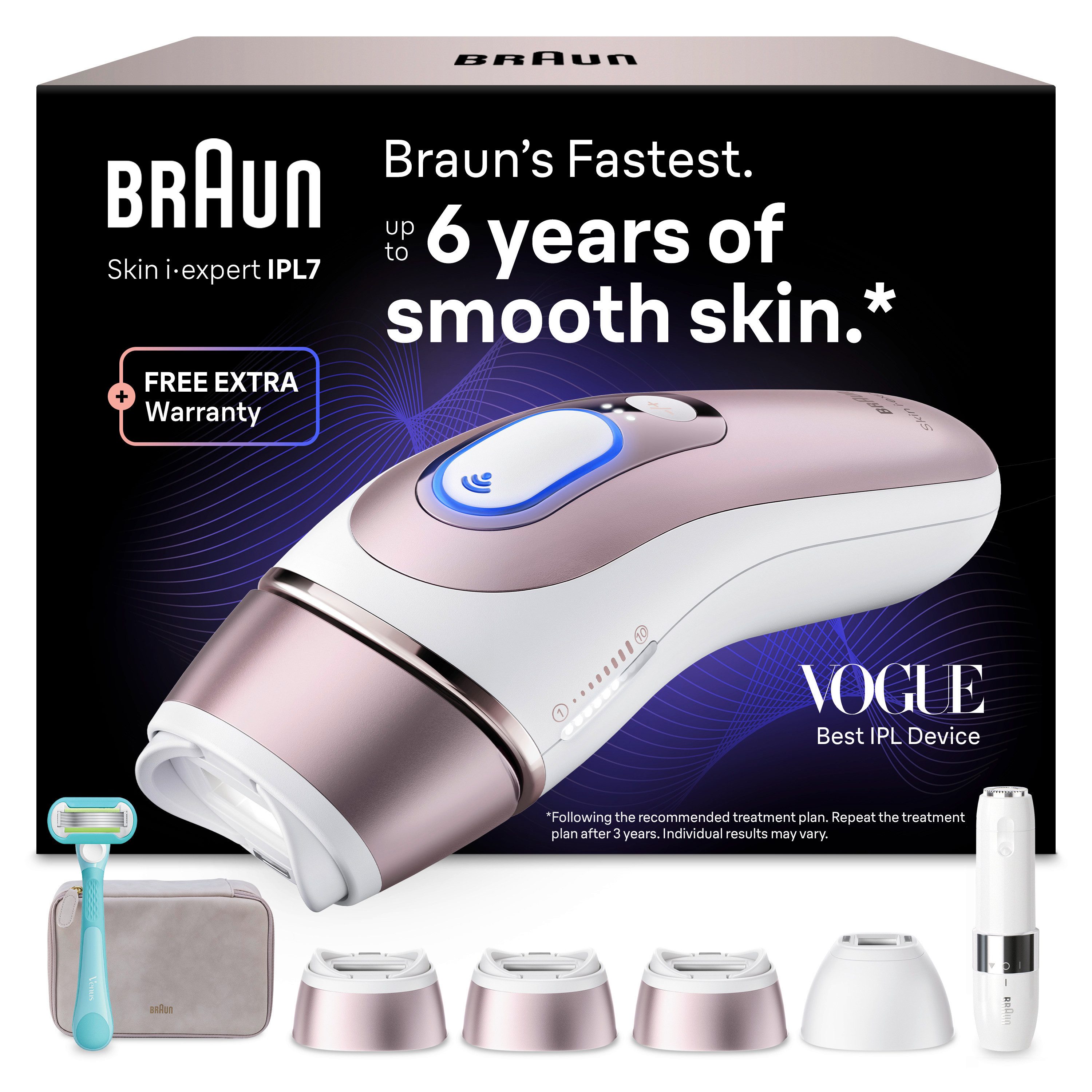 Braun IPL-Haarentferner Braun Smart Skin i·expert PL7432, 4 smarte Aufsätze, Mini-Gesichtsrasierer, Venus Rasierer, Tasche, Laser-Haarentfernung für Zuhause, Dauerhafte Haarreduzierung