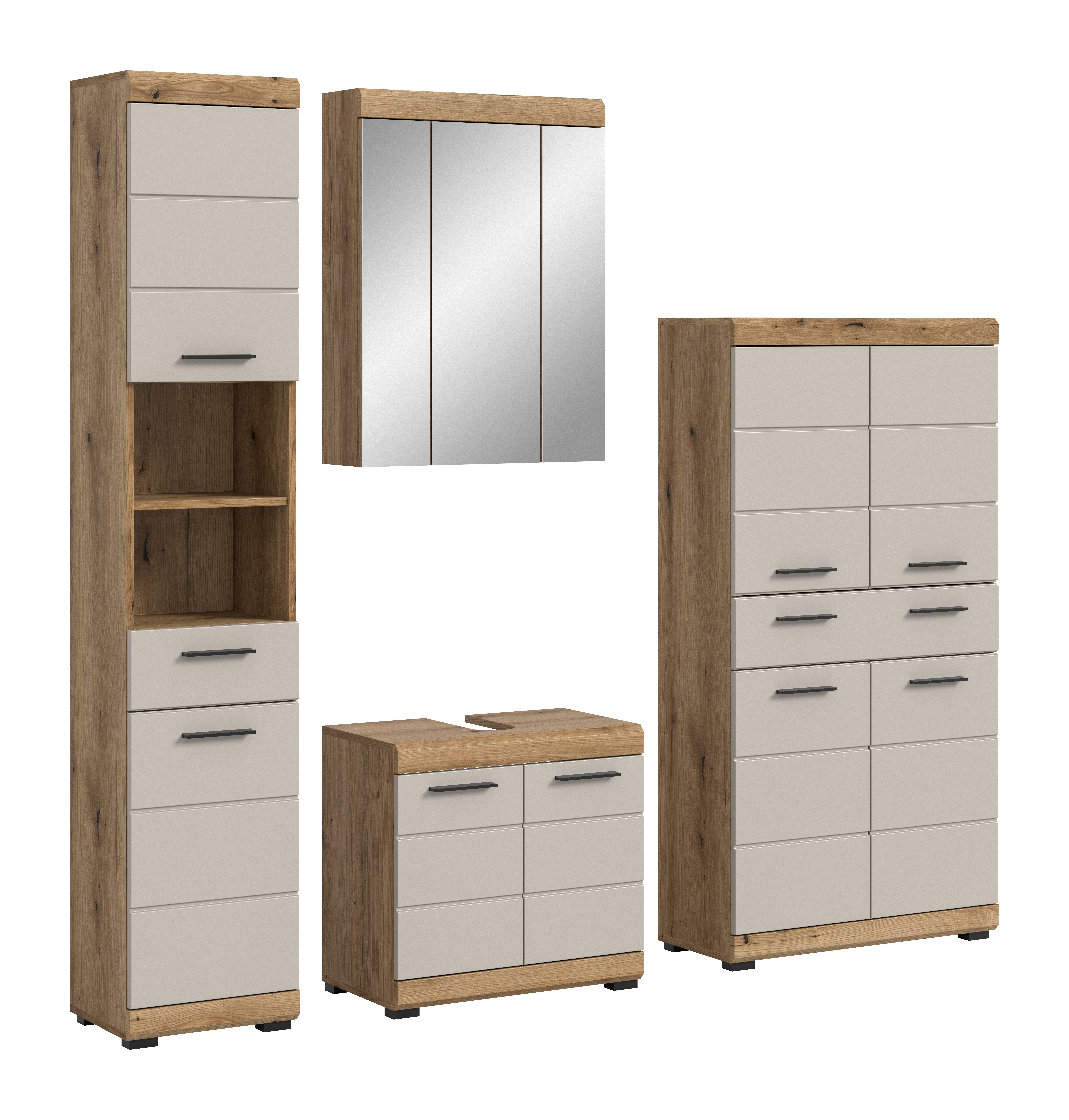 furnling Badmöbel-Set Scott, (4-St., bestehend aus Hochschrank, Spiegelschrank, Midischrank, WBU), Badmöbel, Badschränke, Komplett-Set, Breite 186 cm
