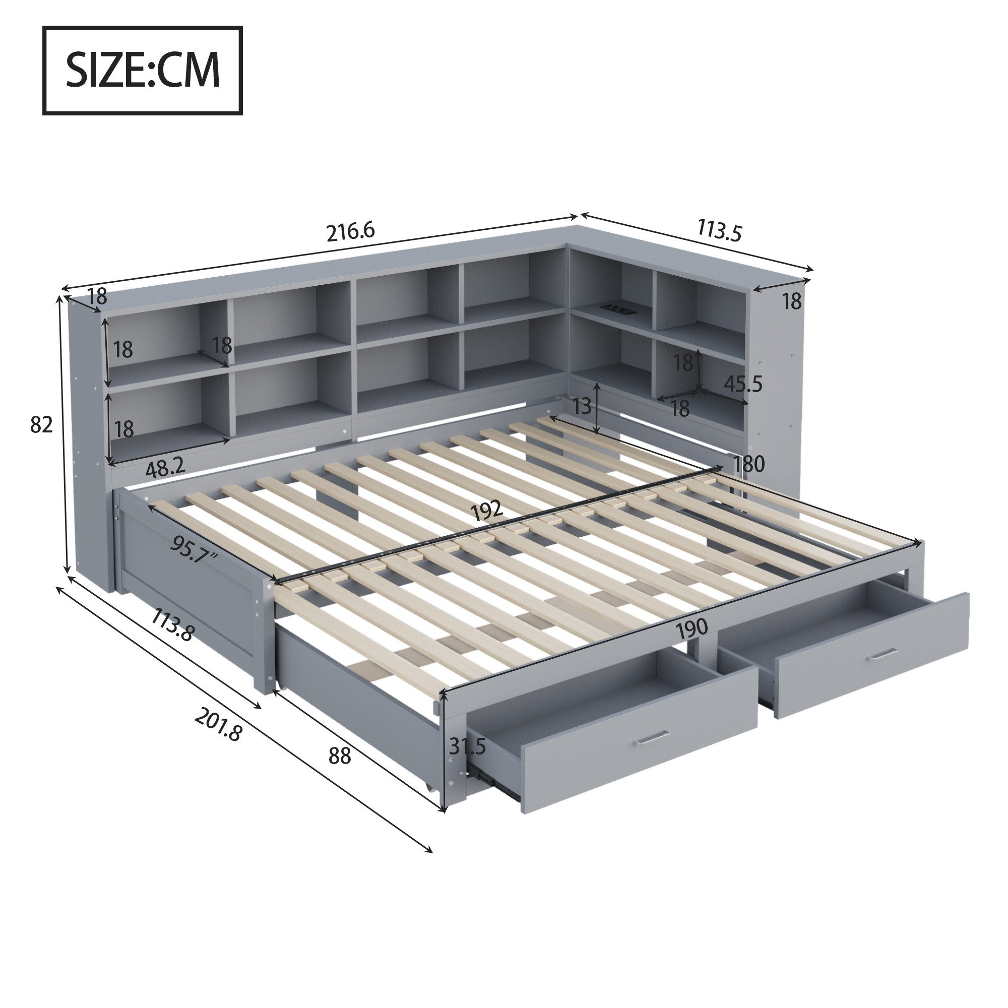 Merax Daybett 90/180x190cm mit USB-Steckdose (1 tlg), Ausziehbares Schlafsofa Kinderbett mit Ablagefächern und 2 Schubladen