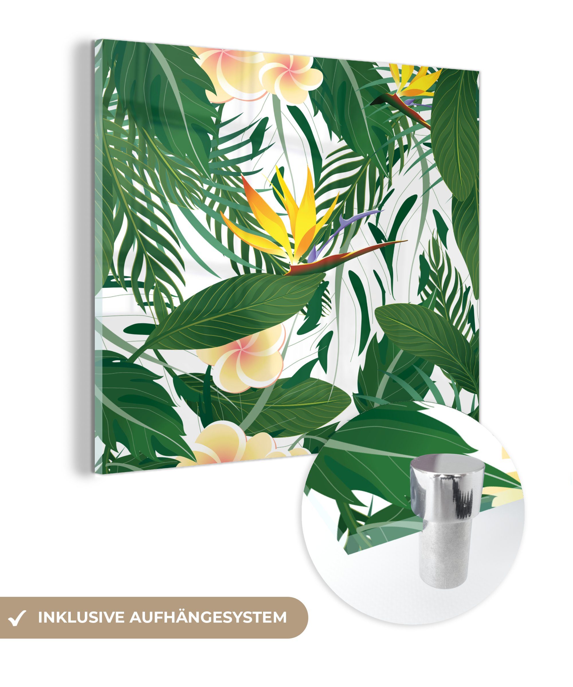 (1 - Blätter MuchoWow Wanddekoration Paradiesvogelpflanze, Blüten Glas Bilder St), Glas - Wandbild auf Glasbilder - - auf - Acrylglasbild Foto