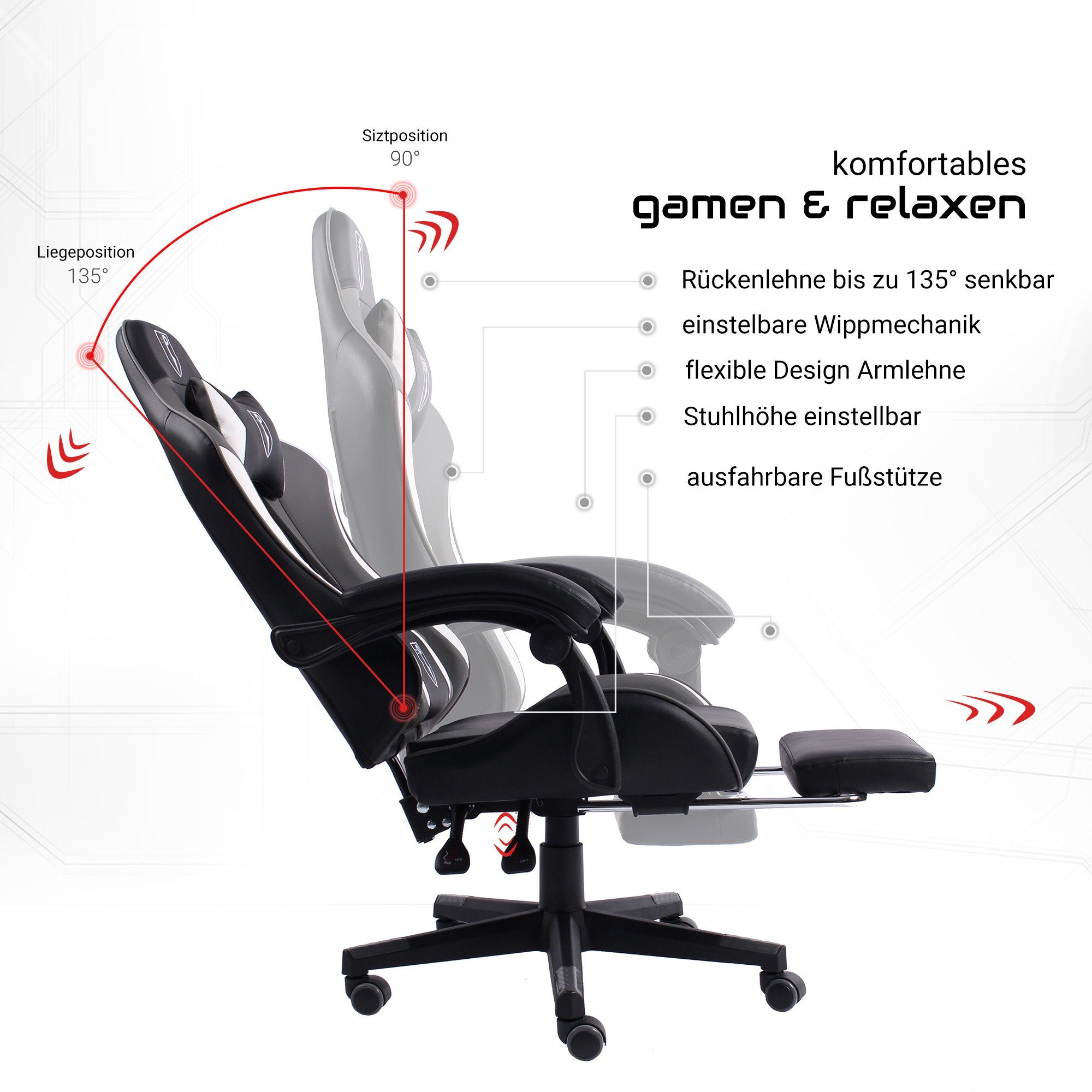 Bürostuhl im mit Chefsessel Stuhl (1 Gaming TRISENS Arijus Schwarz/Grau-Weiß Fußstütze Stück), Drehstuhl Racing-Design