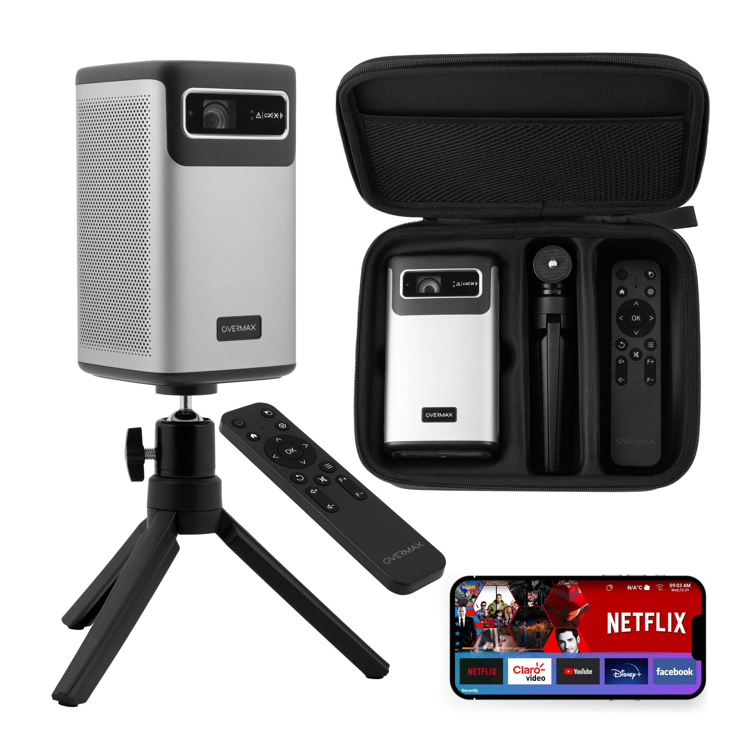 Overmax MULTIPIC 8.1 Beamer (5000 lm, 10 000:1, 3840 x 2160 - 4K px, Android/4K/Wi-Fi/USB-C/8000mAh-Mobiler/Touchpad/30 -200)