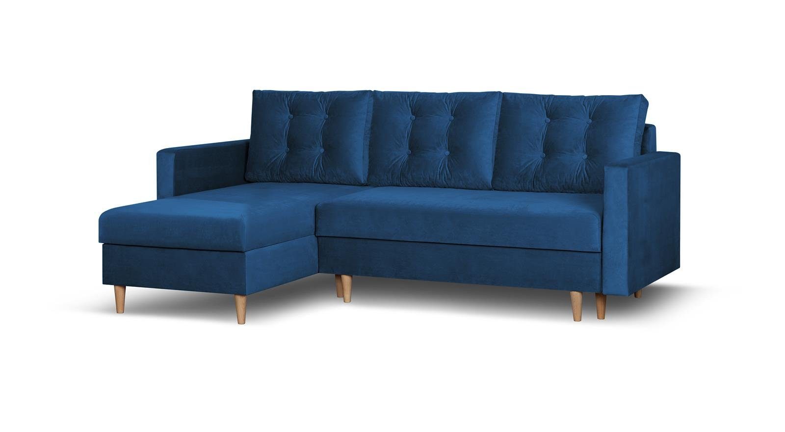 Beautysofa Ecksofa Sigurd, 226 cm Ecke für Wohnzimmer, im skandinavischen Stil, Polsterecke mit Schlaffunktion und Bettkasten Marineblau (kronos 09)