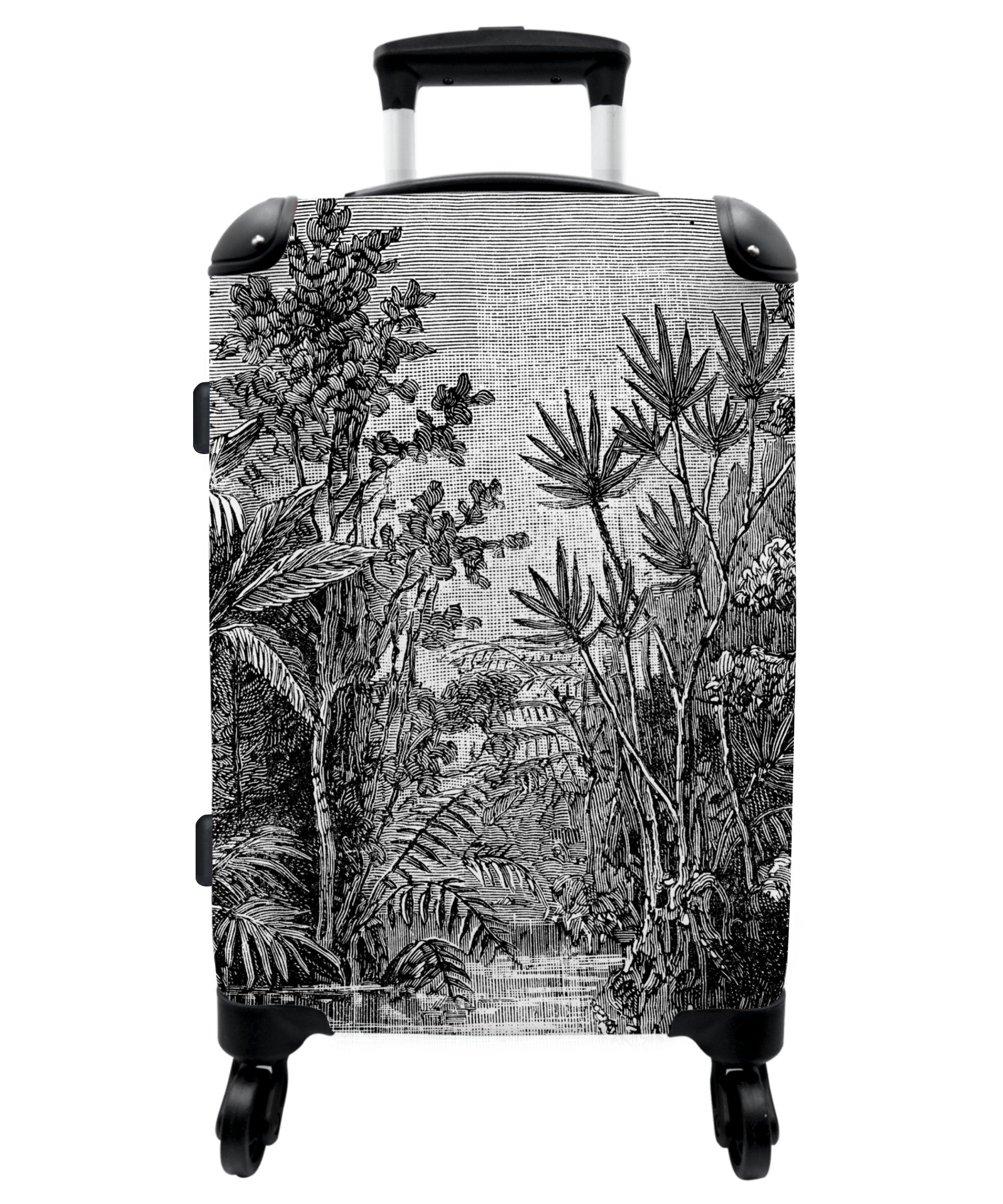 NoBoringSuitcases.com© Koffer 67x43x25cm Vintage - Kunst - Dschungel - Schwarz - Weiß, 4 Rollen, Aufgabegepäck Trolley Rollkoffer Große Reisekoffer mit 4 Rollen -