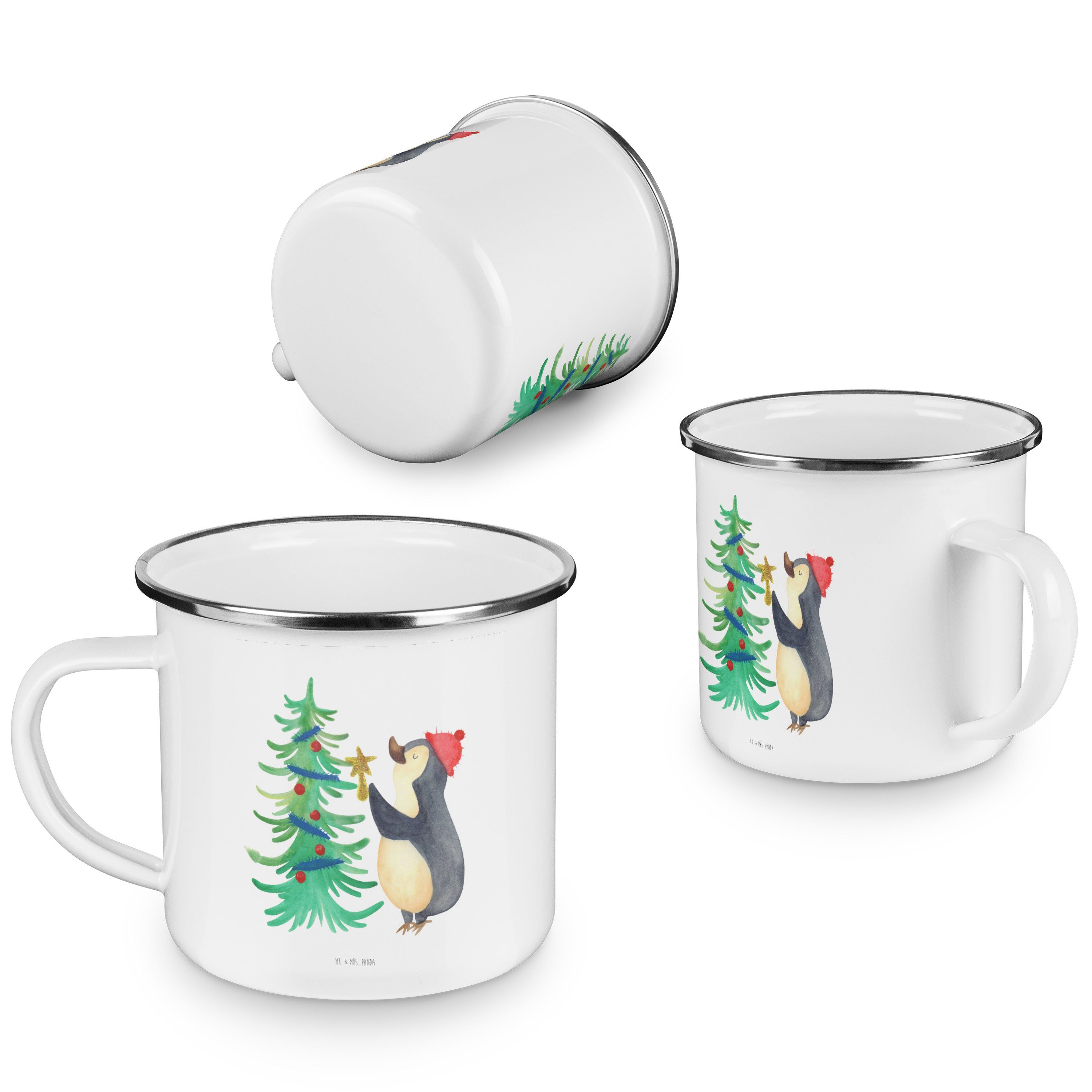Becher Weiß Emaille Weihnachten, Panda - Mr. Camping & Weihnachtsbaum Mrs. Geschenk, Tasse, - Pinguin