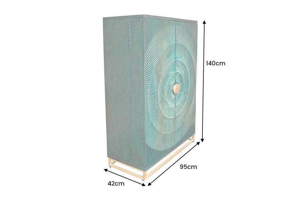 riess-ambiente Barschrank GOLDEN SUNSET 140cm türkis/gold- Mangoholz, Metall, Lack, Handarbeit (Einzelartikel, 1-St) Massivholz · Küche · Wohnzimmer · Stauraum · 24 Flaschen · 3D Front