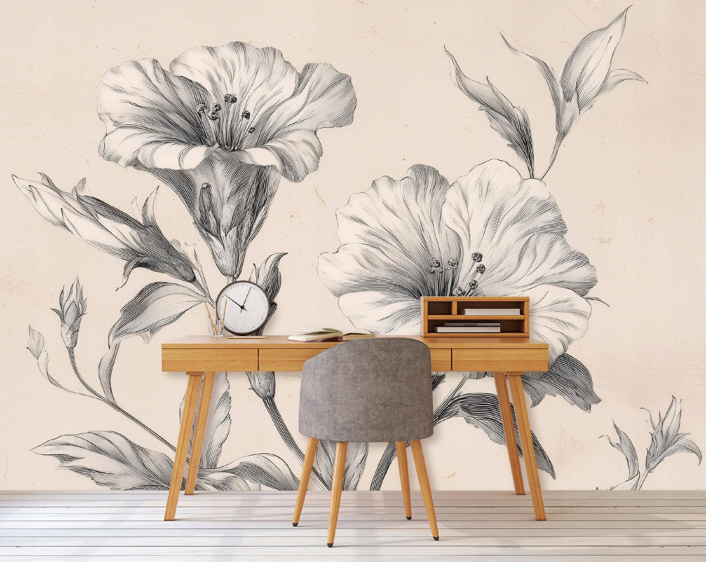 Wallarena Fototapete Blumen Line Art Vlies reißfest Schlafzimmer Wohnzimmer 416x254 cm, glatt, Line Art, 254 x 184 cm
