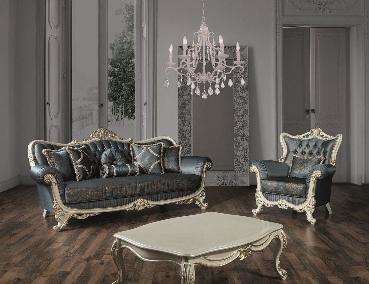 cm Barock Padrino Gold Wohnzimmer dekorativen Casa Kissen mit Glitzersteinen Sofa 95 / / und Blau 240 Edle im Couch - H. x 105 Luxus Creme Sofa x Barockstil