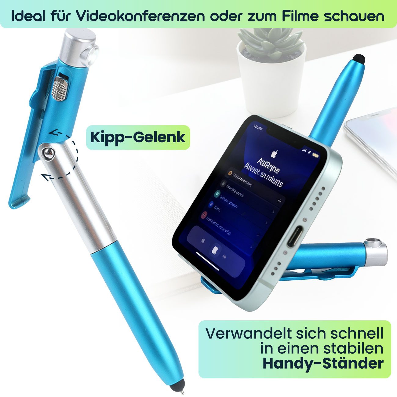 shop'n smile ideoon Kugelschreiber 4in1 Multifunktions-Kugelschreiber Set, LED-Lampe Touchpen & Ständer, (5-tlg., 5er-Set & 10er-Set), Handyhalter/Ø 1 x 13,9cm/ – Bild 4 von 5