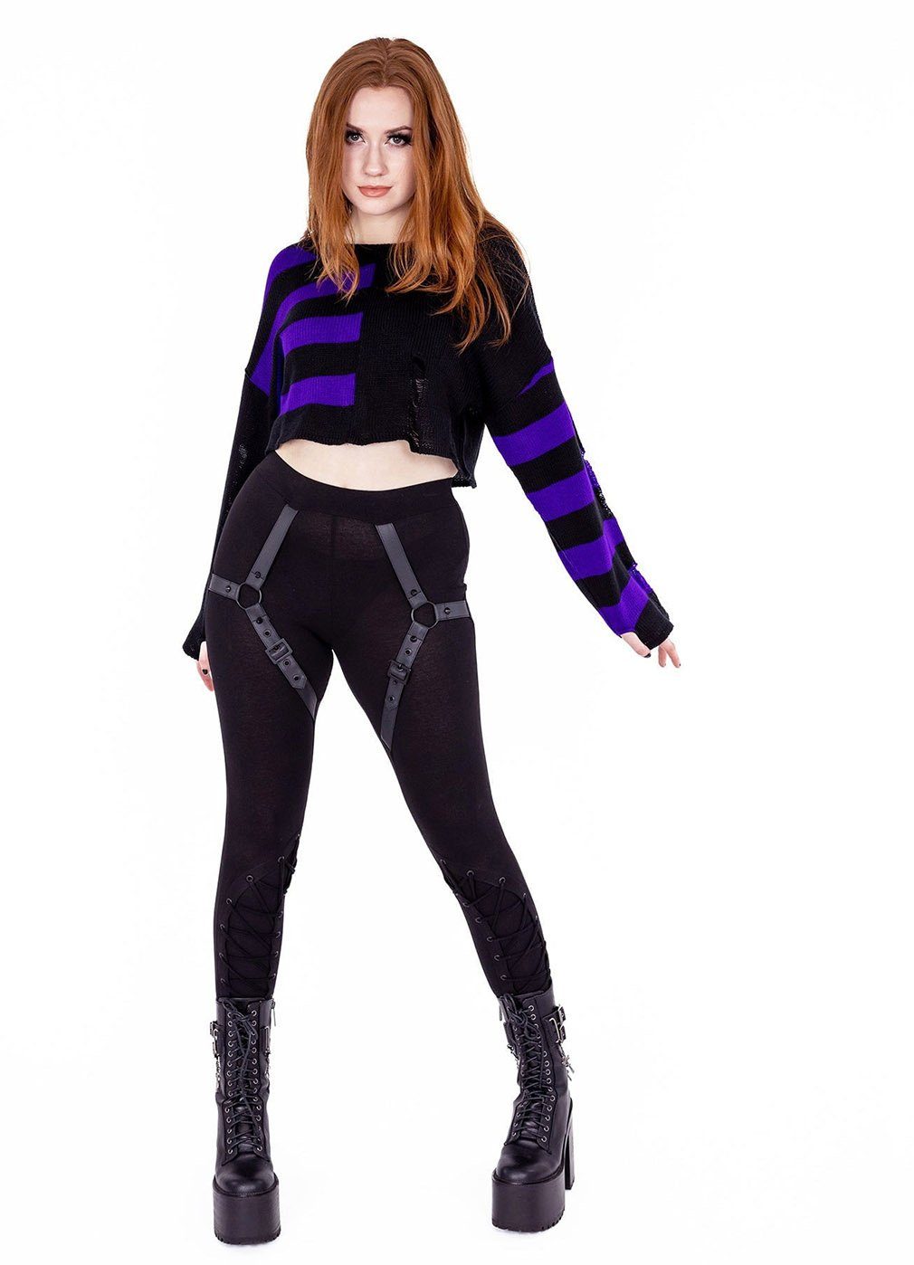 Vixxsin Strickpullover Violetta Lila Strick Pulli Emo Punk Nu Goth Gestreift