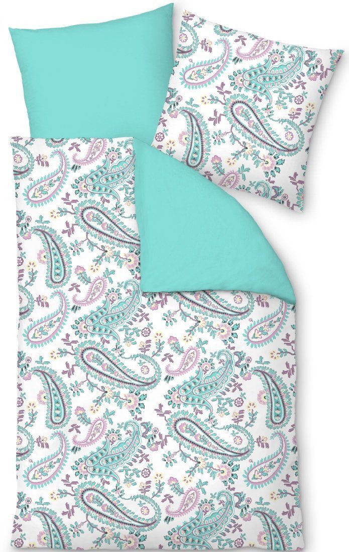 LIVING DREAMS Bettwäsche Bettwäsche-Set HOLIDAY PAISLEY reine Baumwolle Satin, satin, 2 teilig, moderne Paisleys auf weißem Untergrund - Rückseite aqua türkis