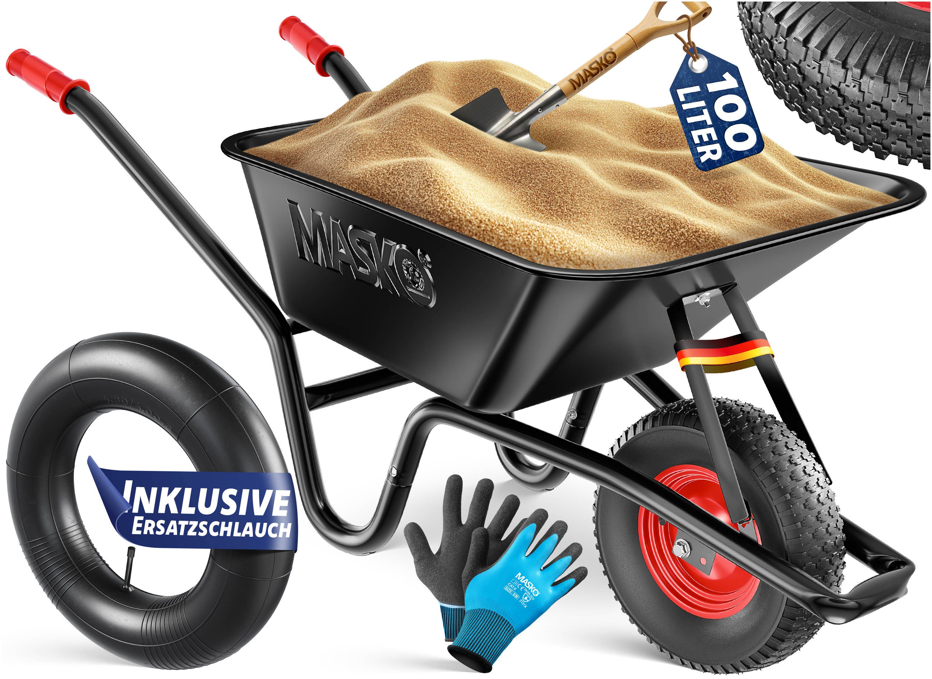 MASKO Schubkarre Bau- und Gartenschubkarre 100 Liter, mit Luftreifen und Stahlfelgen sowie einen Ersatzschlauch