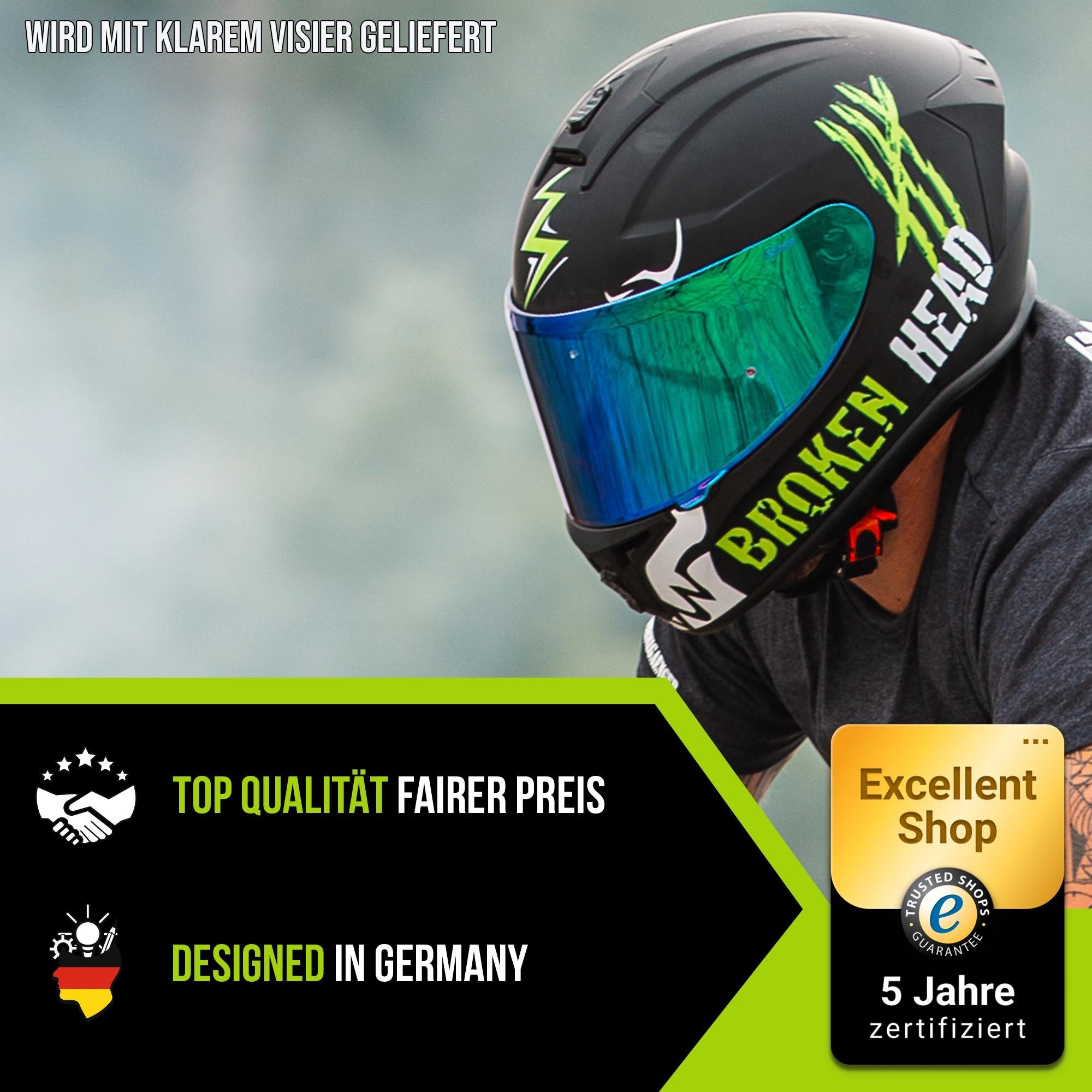 Broken Head Motorradhelm Adrenalin Therapy 4X Schwarz-Neon-Grün Glanz, Limited Edition, Optik für Adrenalin-Junkies!