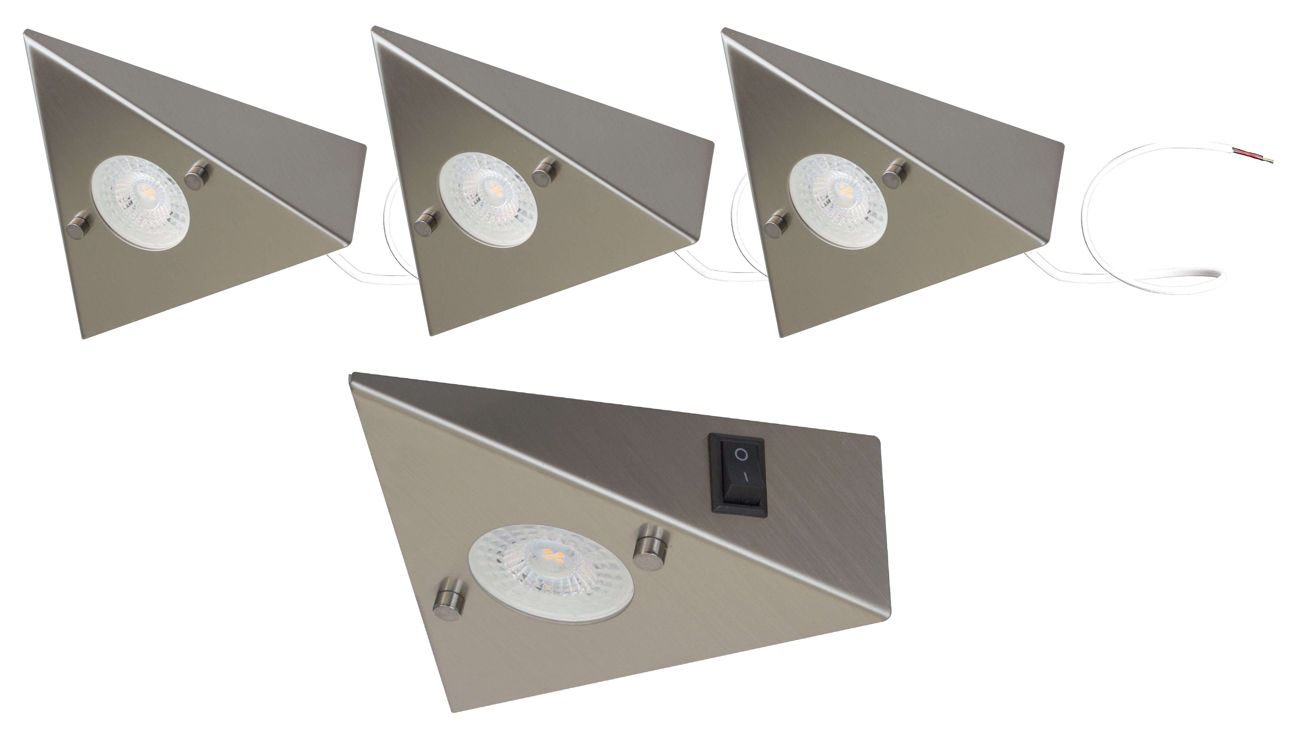 TRANGO LED Unterbauleuchte, 4er Set 6739-42 LED-Küchenunterbauleuchte *COOK* LED Einbauleuchte - Einbaustrahler aus Edelstahl inkl. 4x 4.8 Watt LED Modul 3000K warmweiß - direkt 230 Volt - beliebig erweiterbar, Schalter - Dreieckleuchte – Schrankleuchte