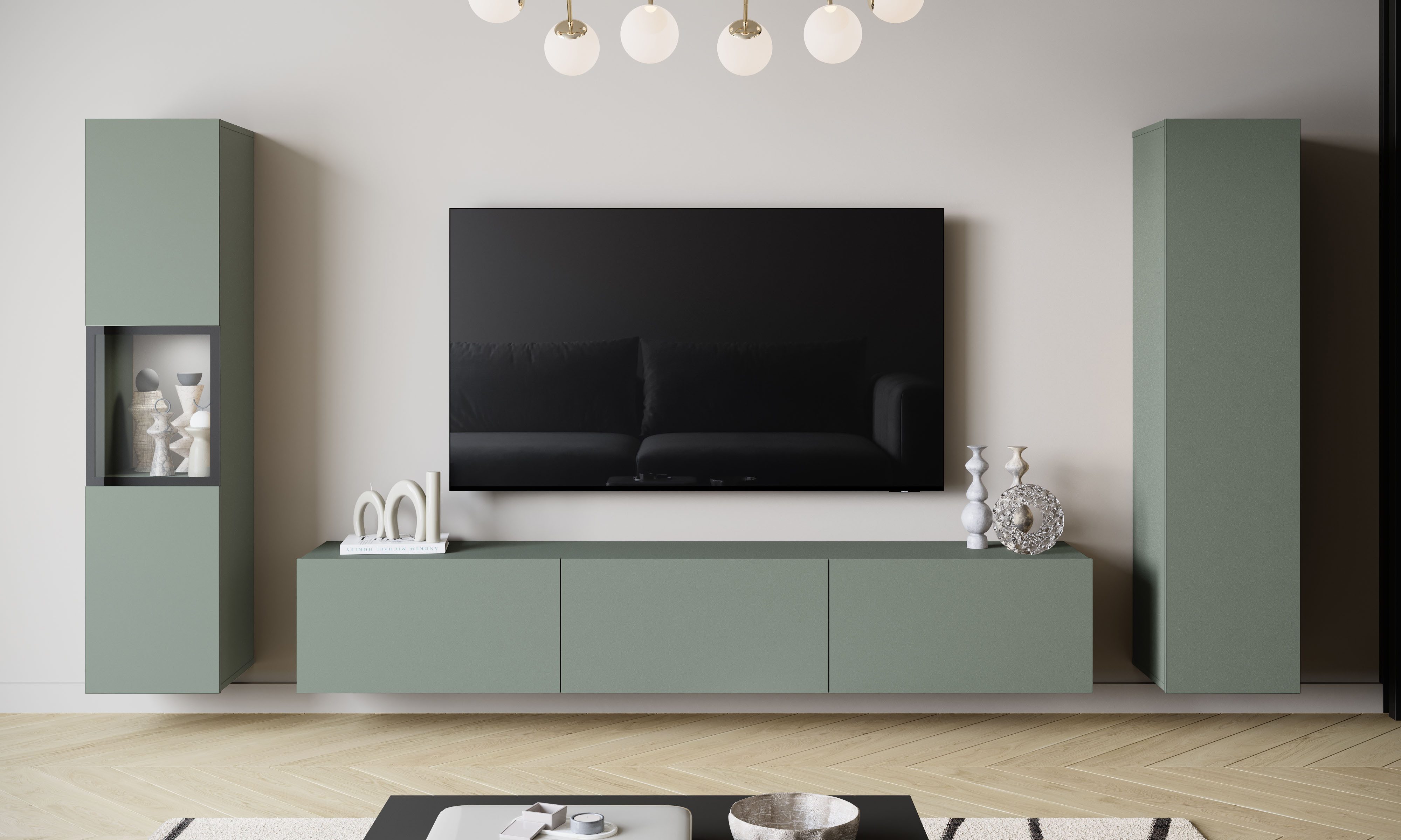 Home affaire Wohnwand BERLIN III, Vitrine Türschlag links/rechts wechselbar, (Komplett-Set, 3-St), moderne grifflose Mediawand Breite 260 cm, Vitrine mit Verglasung