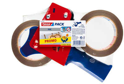 tesa Klebeband tesapack Handabroller inkl. 2 Rollen Paketband - für Packband bis 50mm (Packung, 1-St., Packband Abroller inkl. 2 Rollen Paketband) Packbandabroller für leichtes & sicheres Verpacken - blau / rot