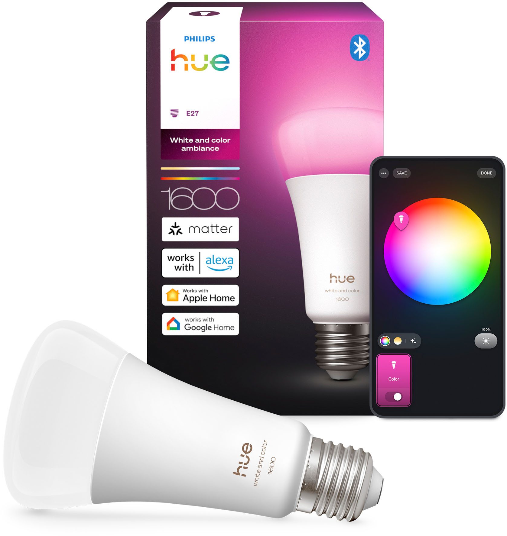 Philips Hue LED-Leuchtmittel White and Color Ambiance 1600lm smarte Lampe, E27, 1 St., Farbwechsler, Vollspektrumlicht 1000K-20000K