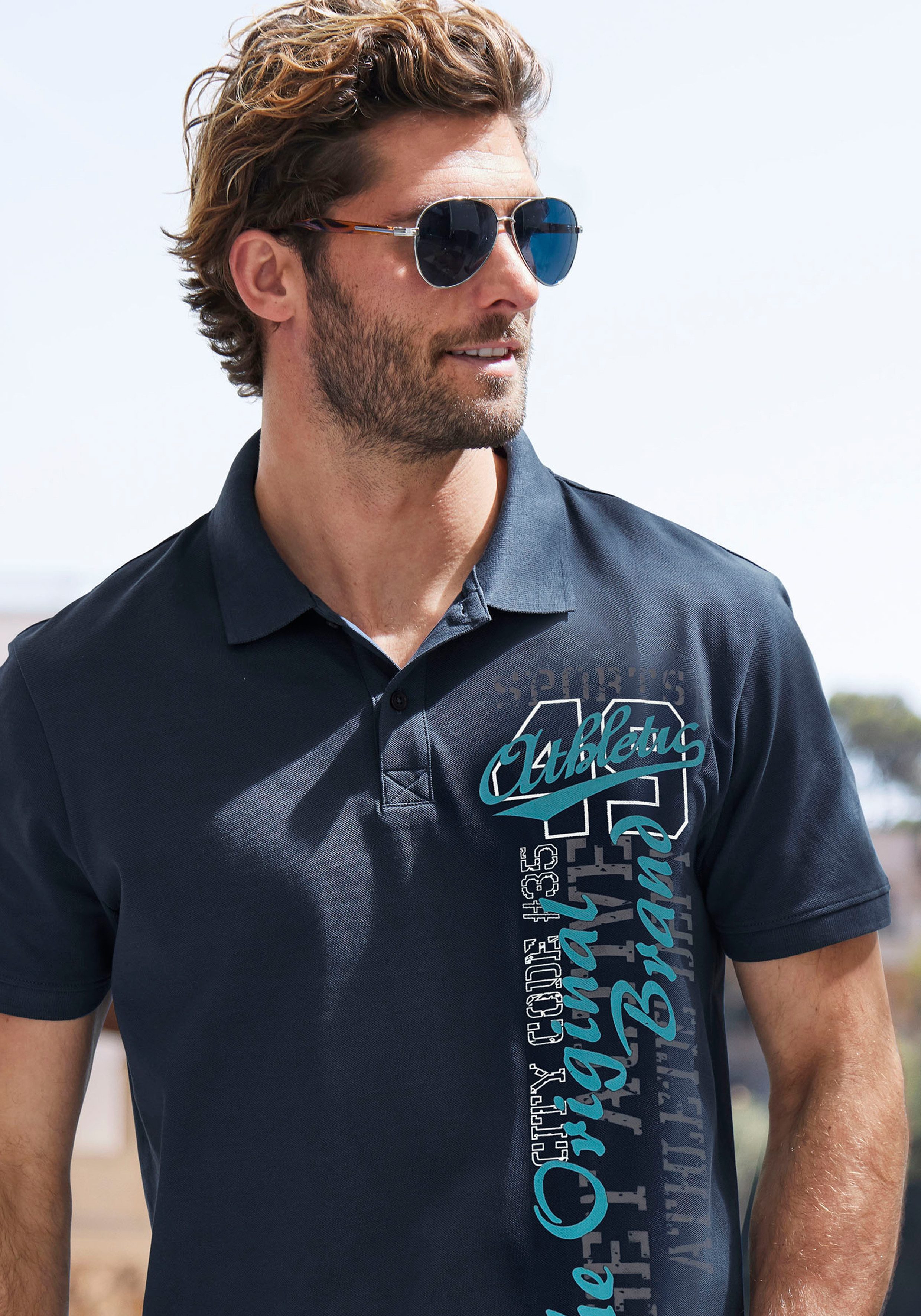 John Devin Poloshirt mit großem Druck vorn aus Baumwoll-Piqué