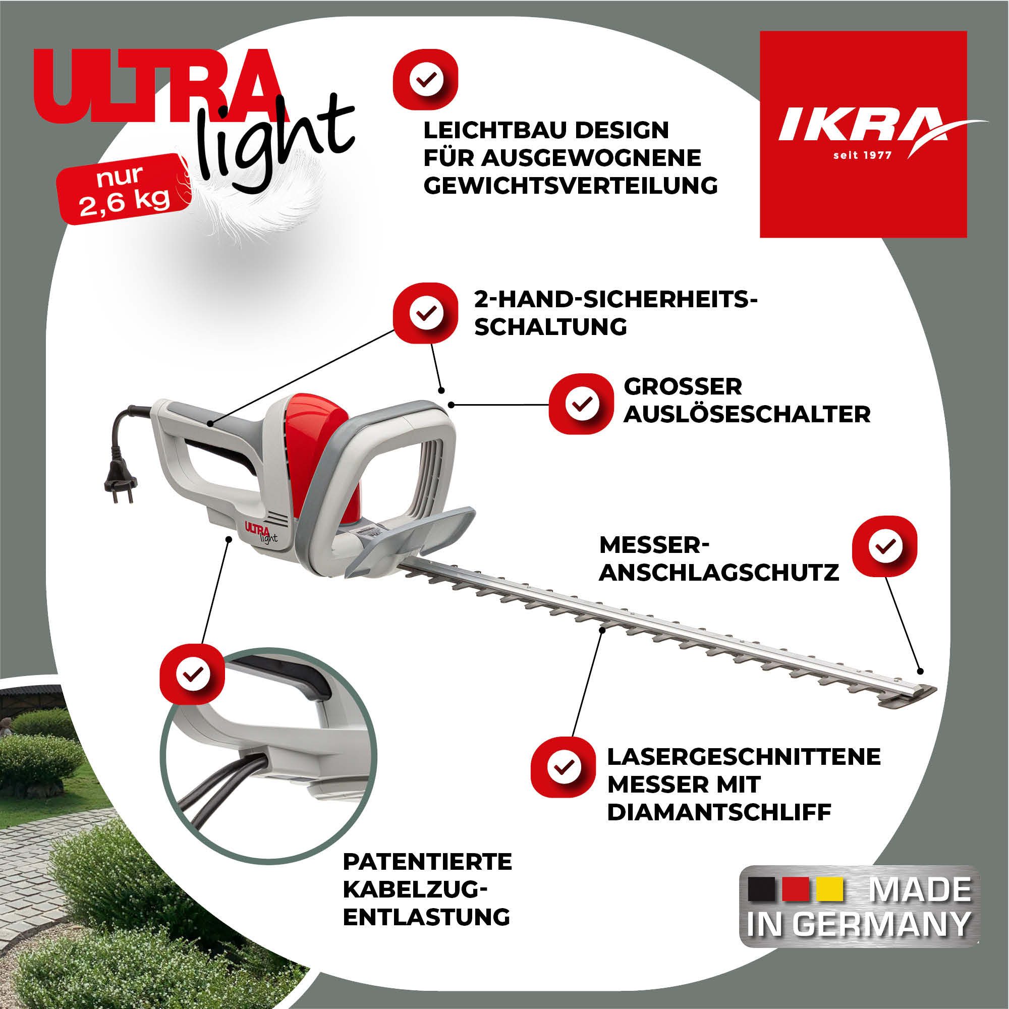 ikra GmbH Elektro-Heckenschere FHS 1555, Made in Germany- patentierte Ultralight-Leichtbau-Getriebe